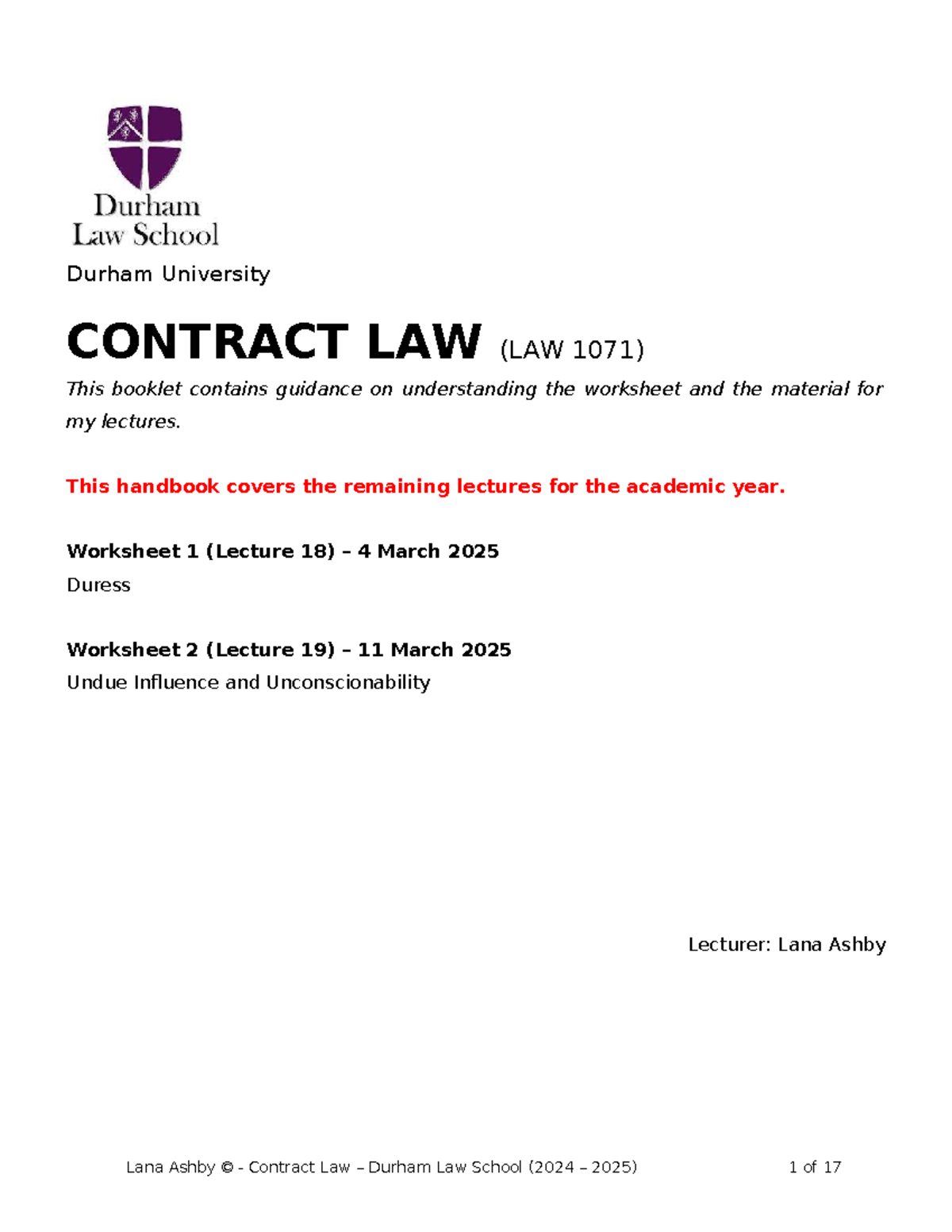 Worksheet on Duress, Undue Influence, and Unconscionable Bargains (LAW ...