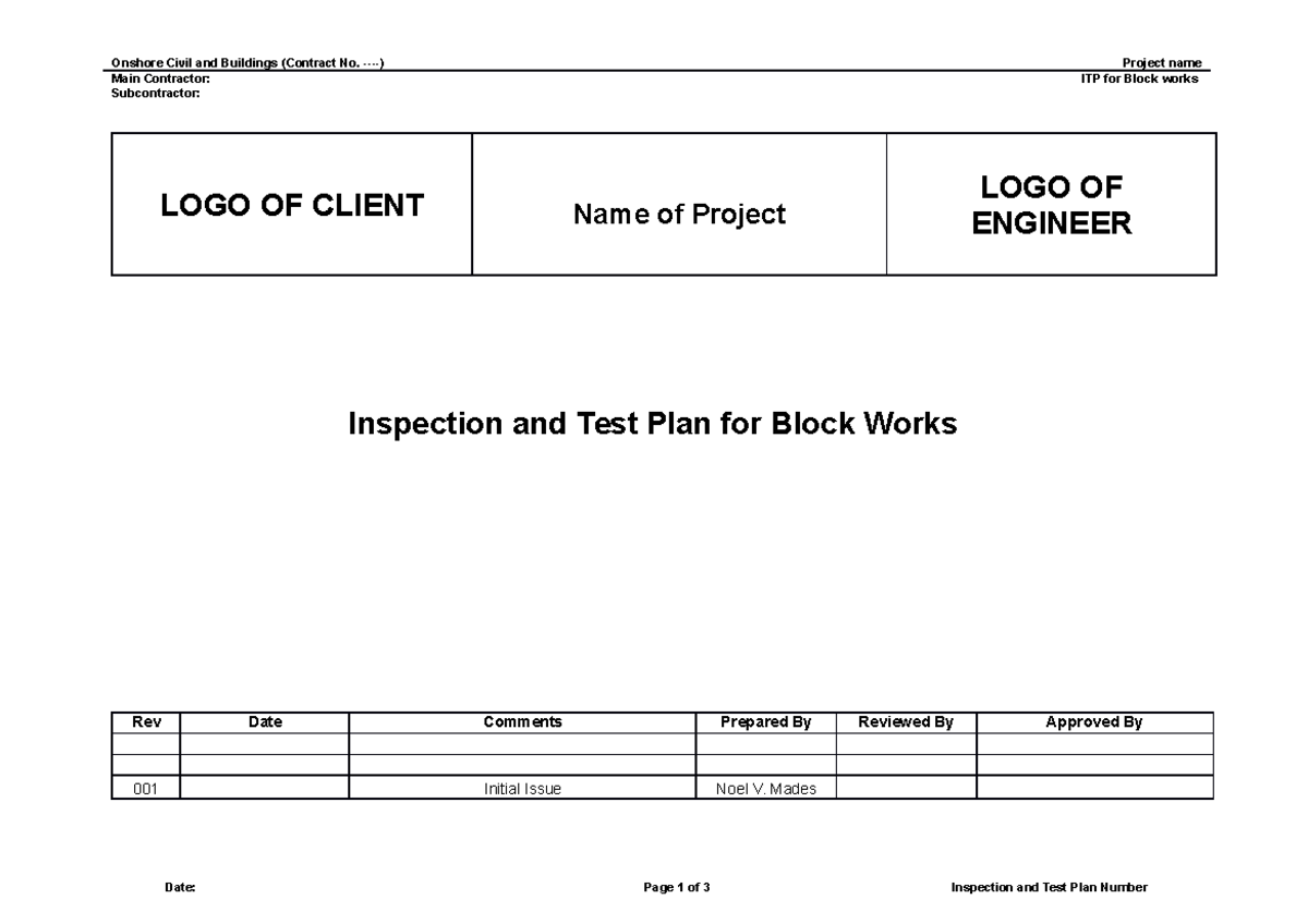 Inspection and Test Plan for Block Works (ITP) - Onshore Civil - Studocu