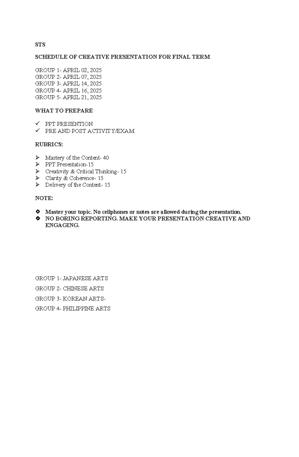 Reporting Instruction STS - STS SCHEDULE OF CREATIVE PRESENTATION FOR ...