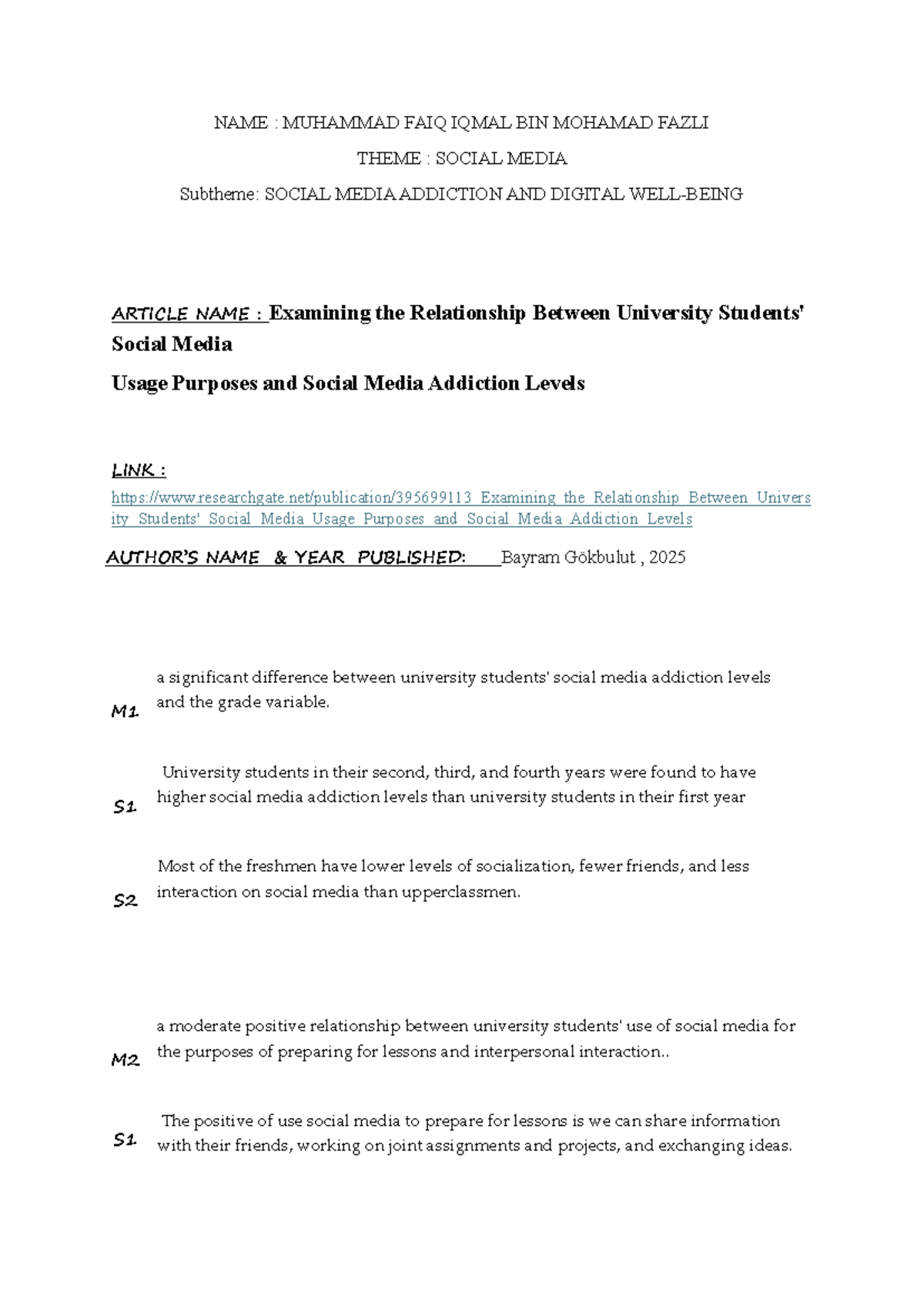 Examining Social Media Addiction Among University Students (M1 S1 S2 ...