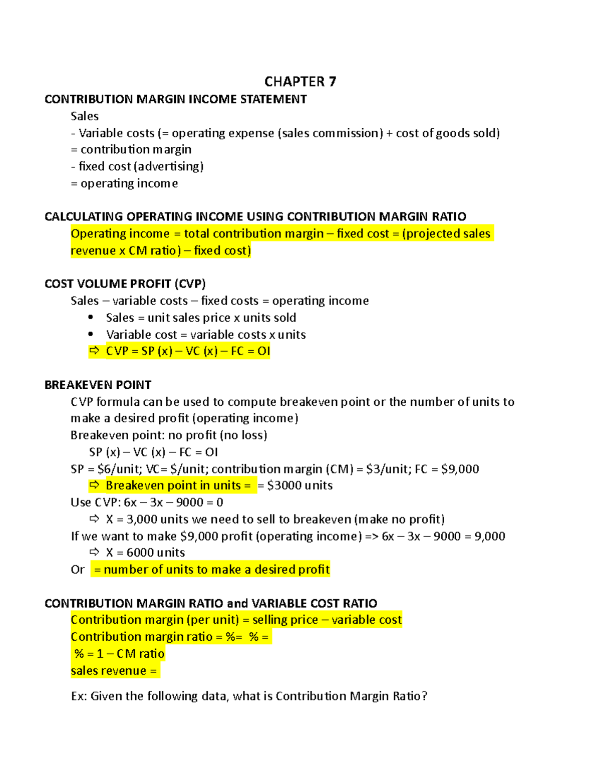 Chapter-7 - lecture notes - CHAPTER 7 CONTRIBUTION MARGIN INCOME ...