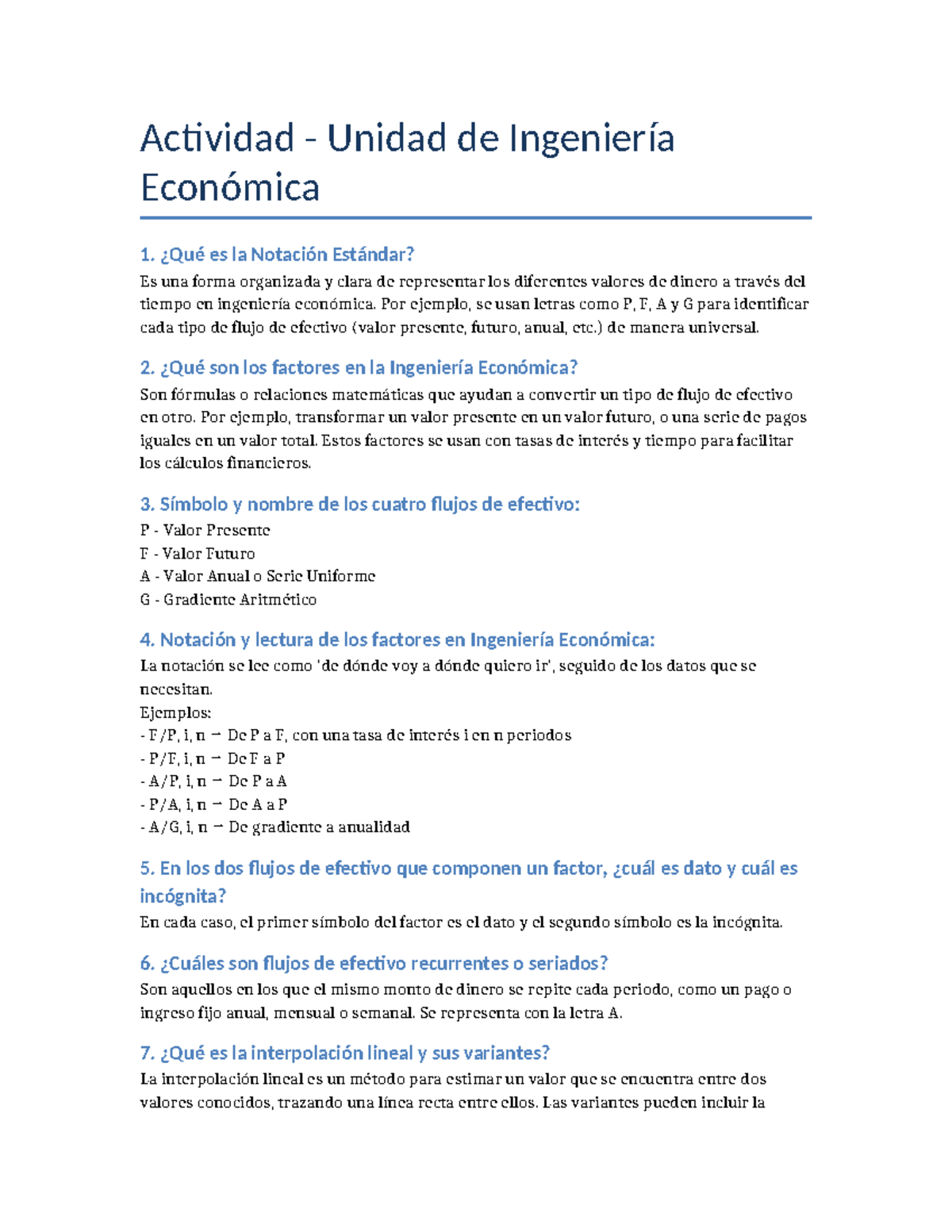 Actividad Unidad de Ingeniería Económica: Notación y Flujos de Efectivo ...