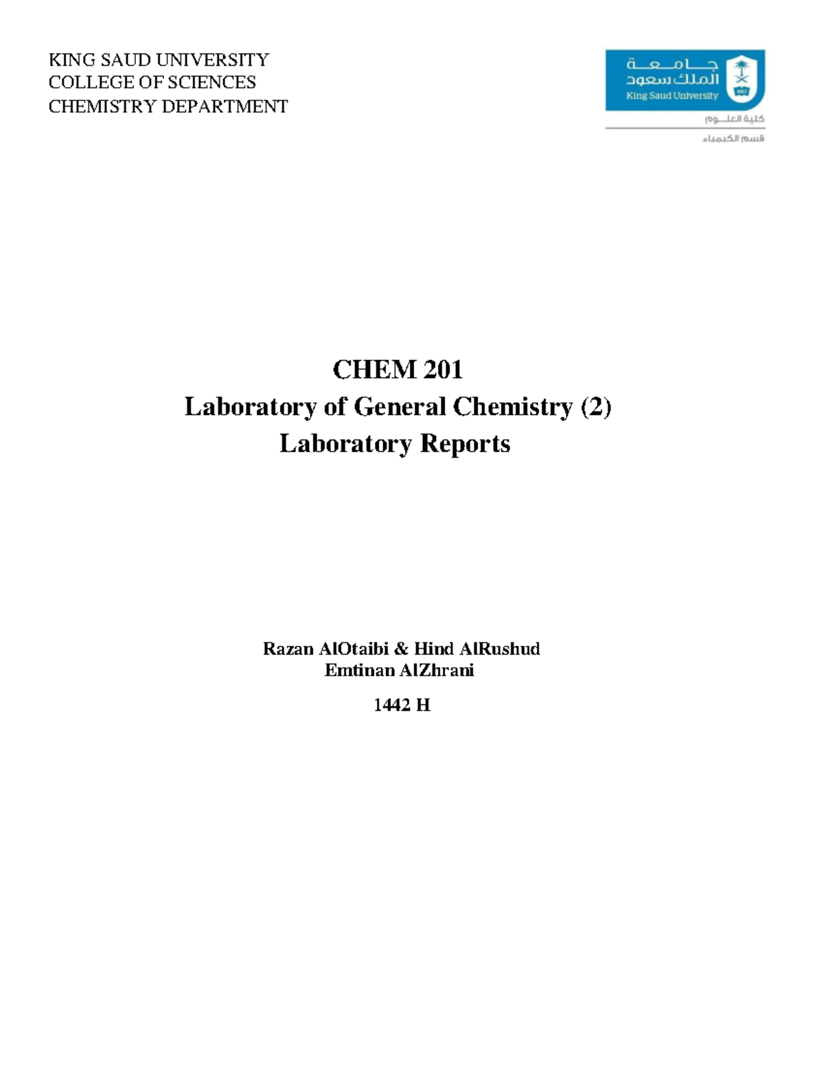 Laboratory Reports for CHEM 201: General Chemistry Experiments - Studocu