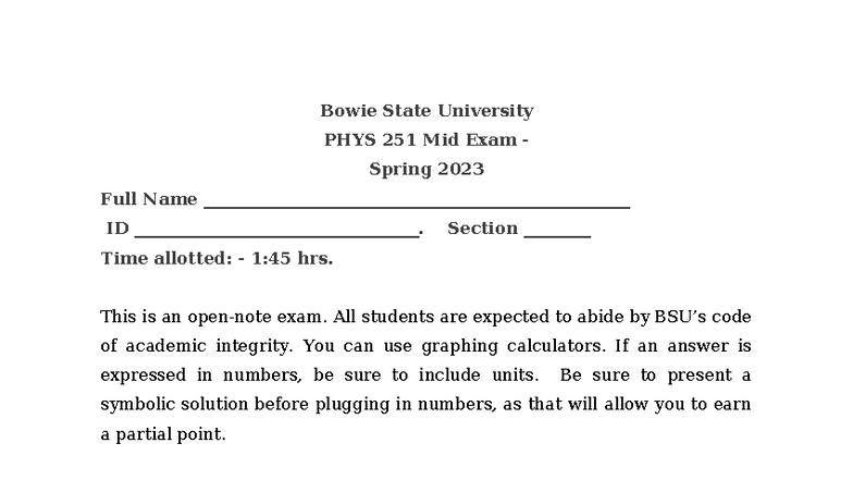 Bowie State University PHYS 251 Mid Exam II Spring 2023 - Studocu