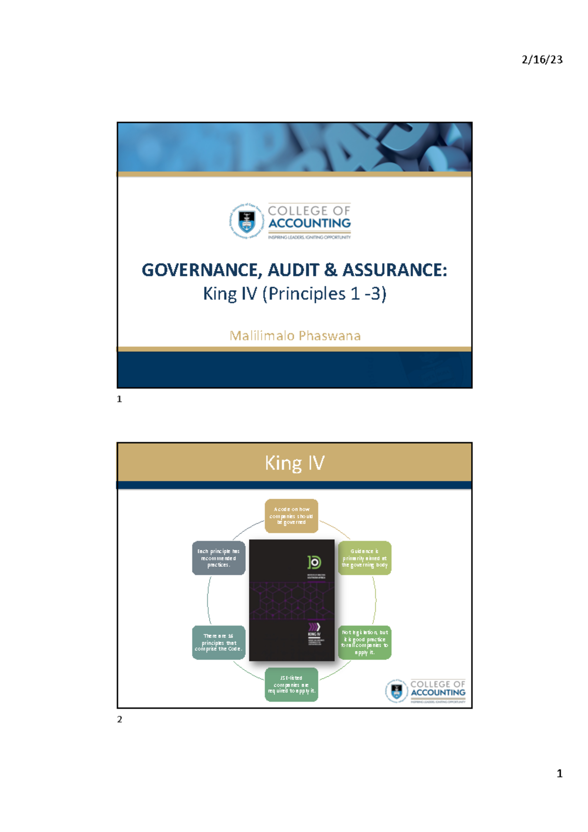 Week 2 king iv(Ethics) - GOVERNANCE, AUDIT & ASSURANCE: King IV ...