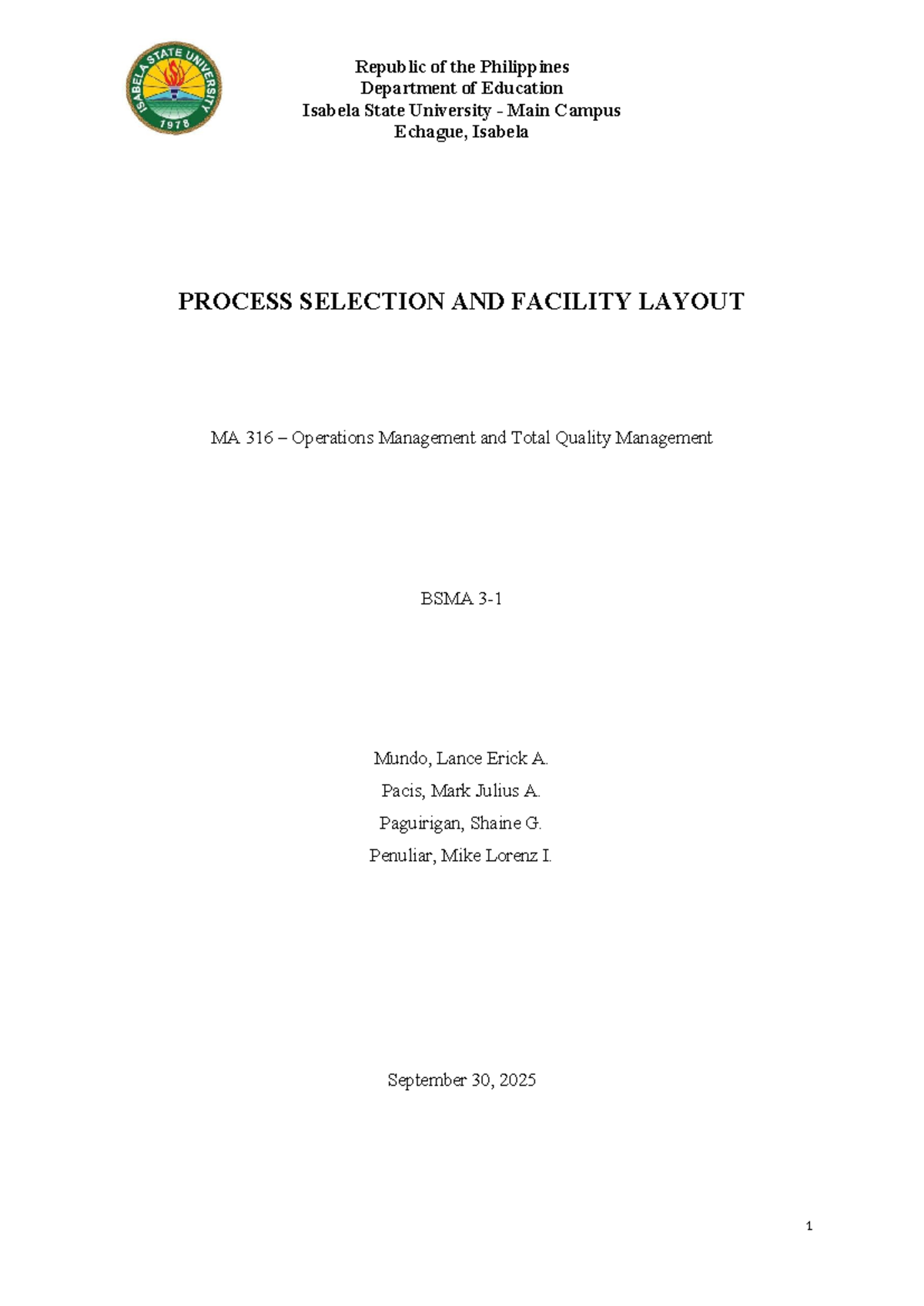MA 316 Process Selection & Facility Layout Overview - Studocu