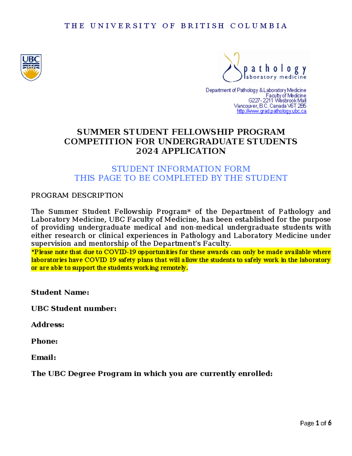 Summer Student Fellowship Application Form 2024 - UBC Pathology - Studocu