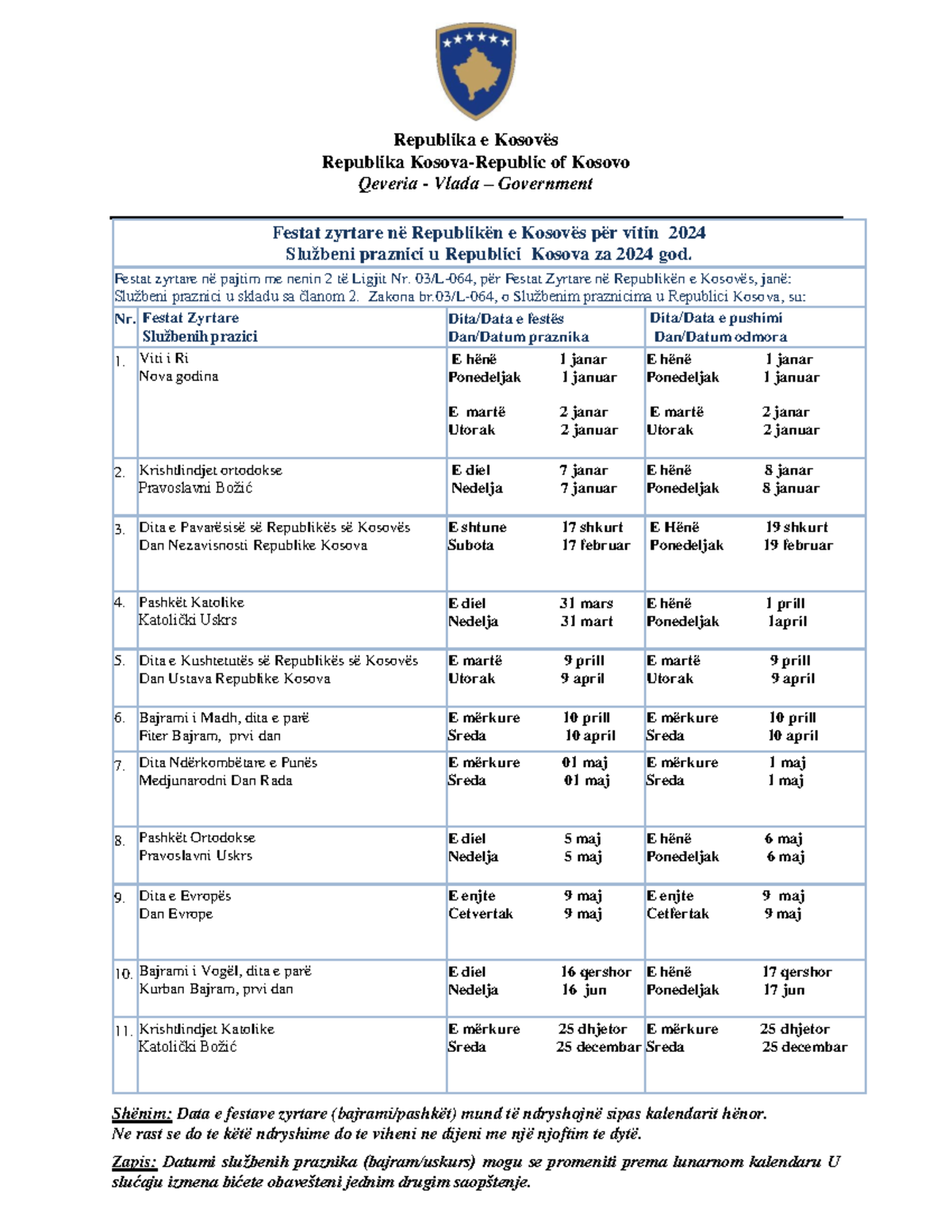 Kalendari festave zyrtare 2024 - Republika e Kosovës Republika Kosova ...