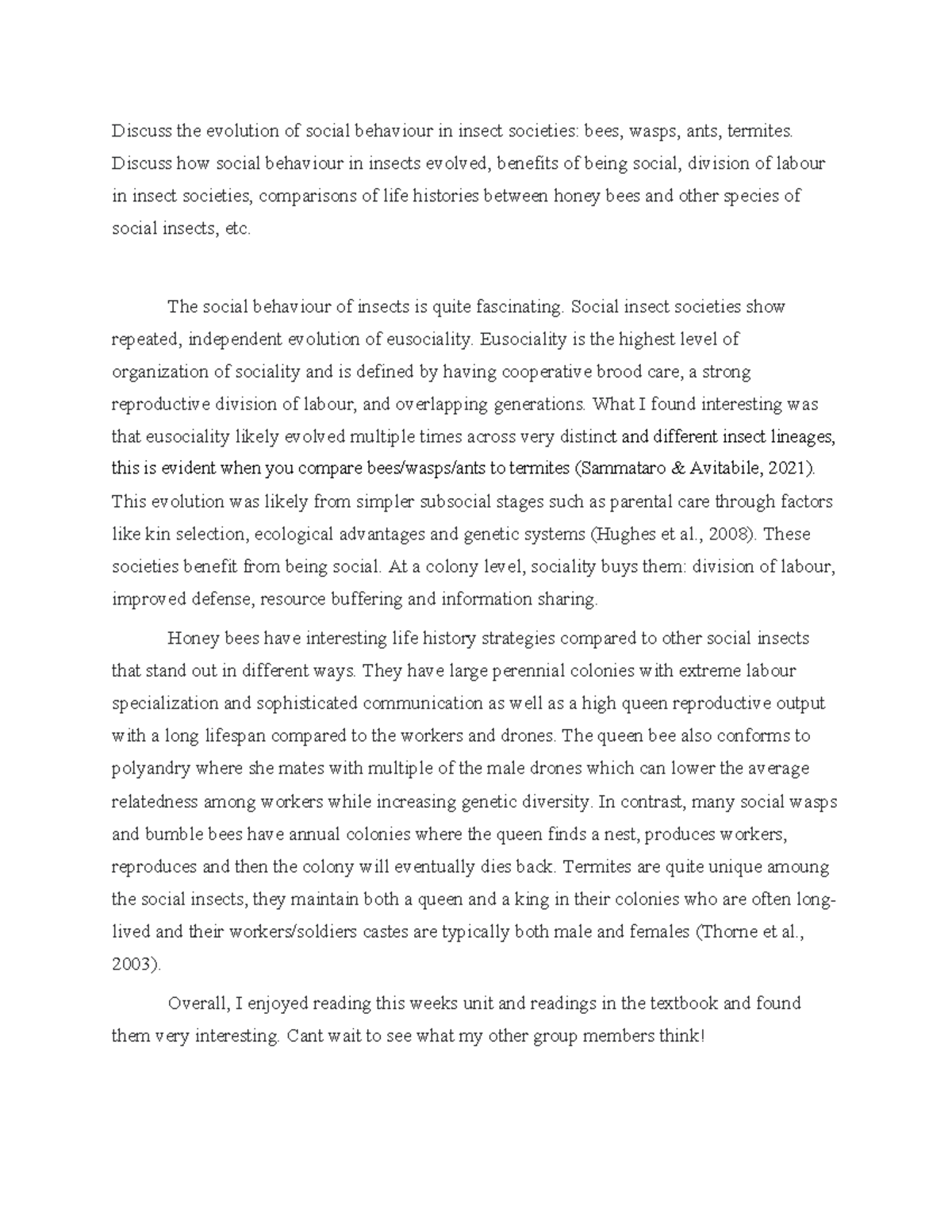 Discussion 2: Evolution of Social Behavior in Insect Societies - Studocu