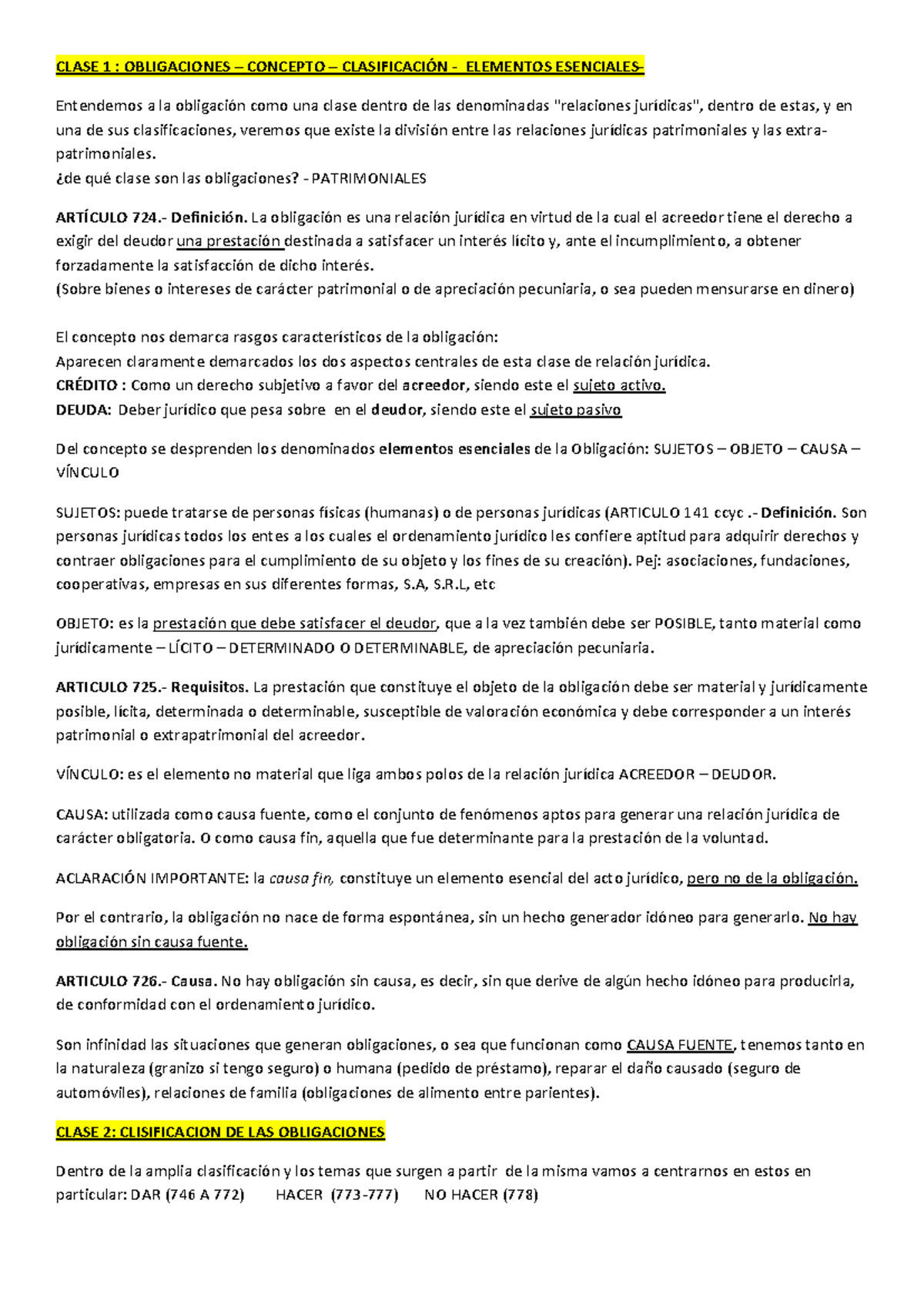 Resumen OBLIGACIONES Y CONTRATOS - CLASE 1 a 6 - Derecho OYC - Document Preview