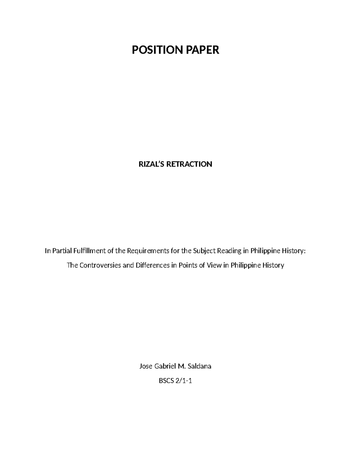 Reading in Philippine History: Position Paper on Rizal’s Retraction ...