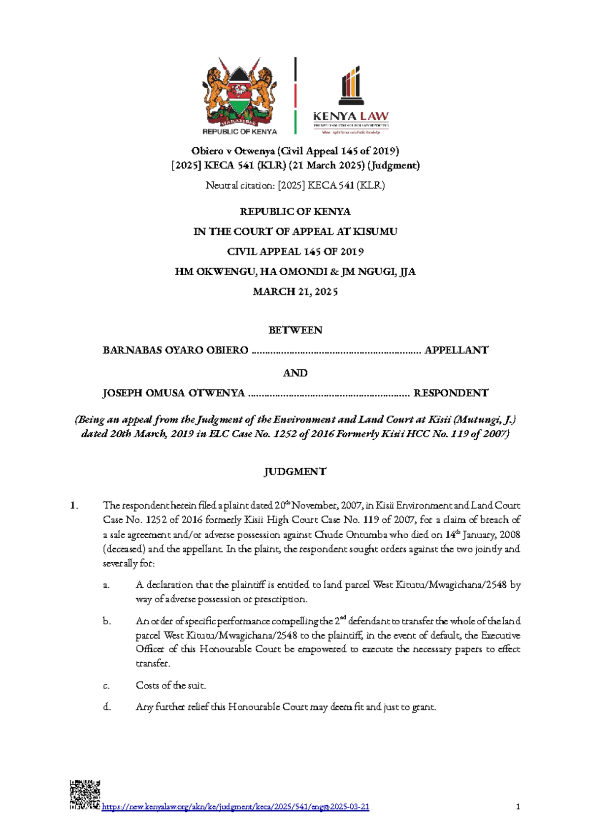 Obiero v Otwenya (Civil Appeal 145 of 2019) KECA 541 (KLR) - Judgment ...