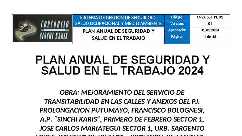 Plan Anual de Seguridad y Salud en el Trabajo 2024 - Proyecto Sinchi ...