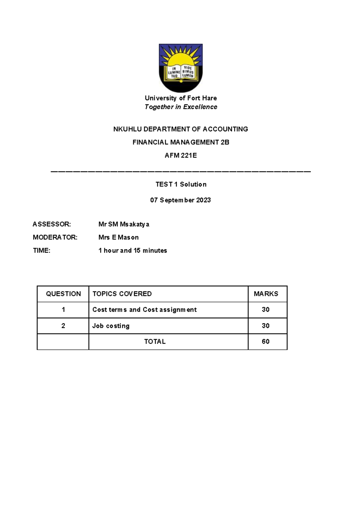AFM 221E Financial Management 2B Test 1 Solutions - Sept 2023 - Studocu
