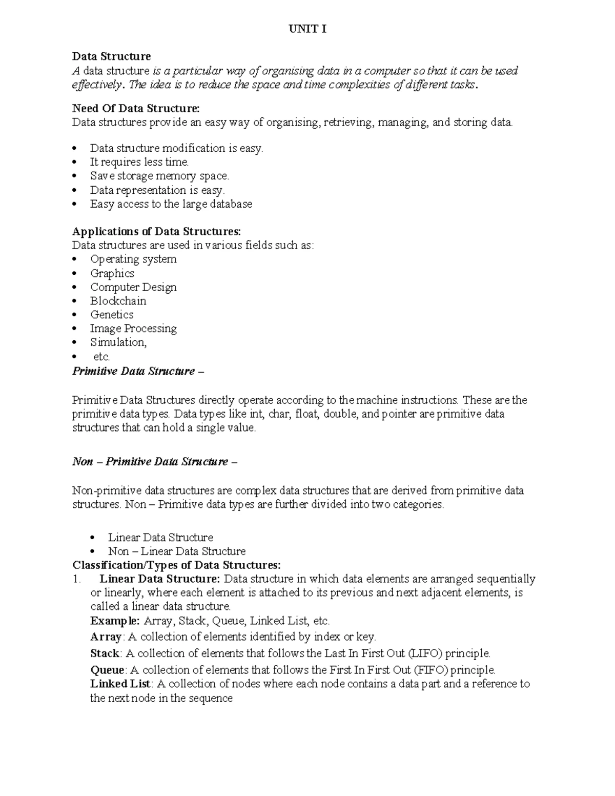 DS101 Unit I: Introduction to Data Structures and Their Applications ...