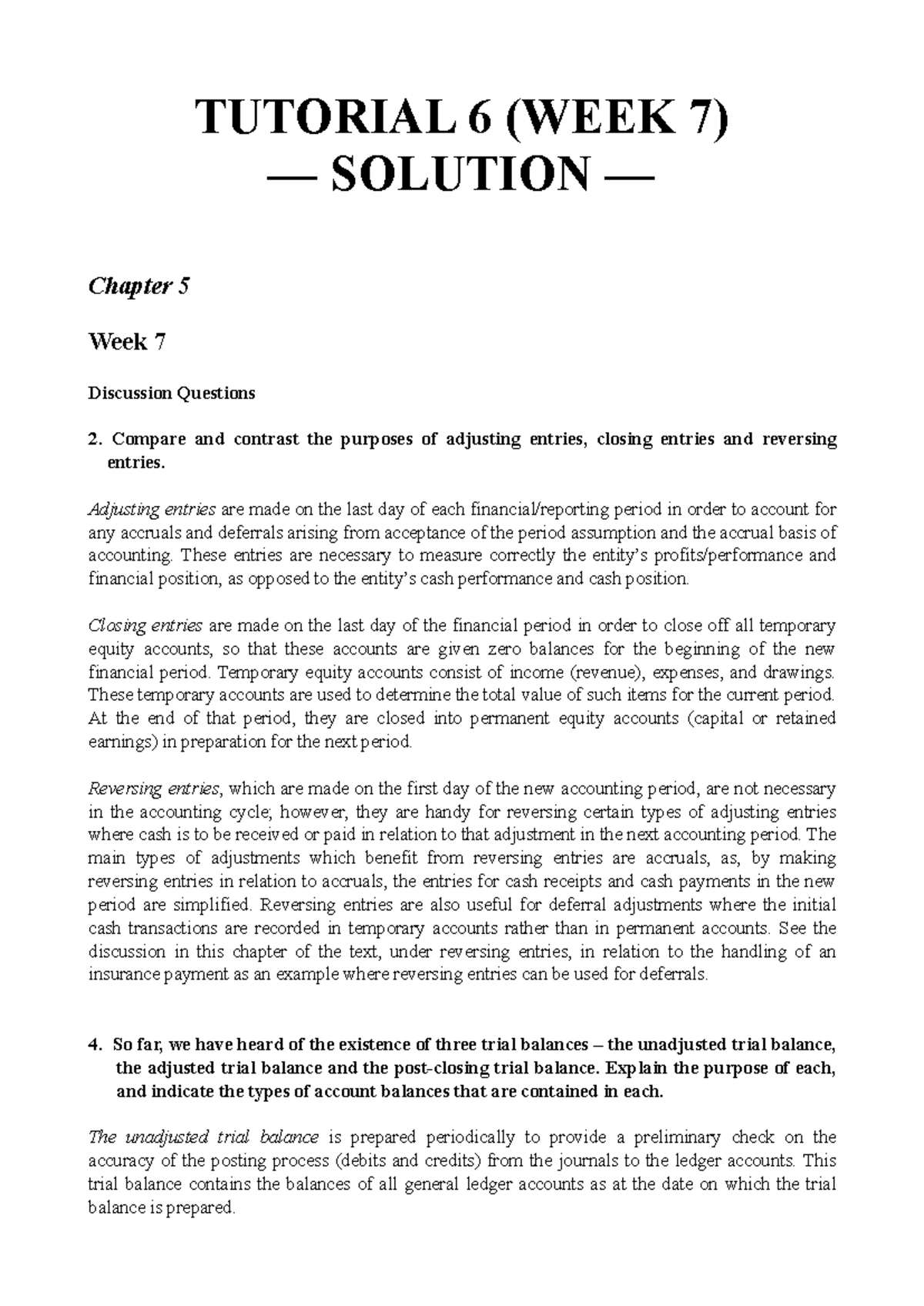 Tutorial 6 (Week 7) Solution: Adjusting and Closing Entries Explained ...