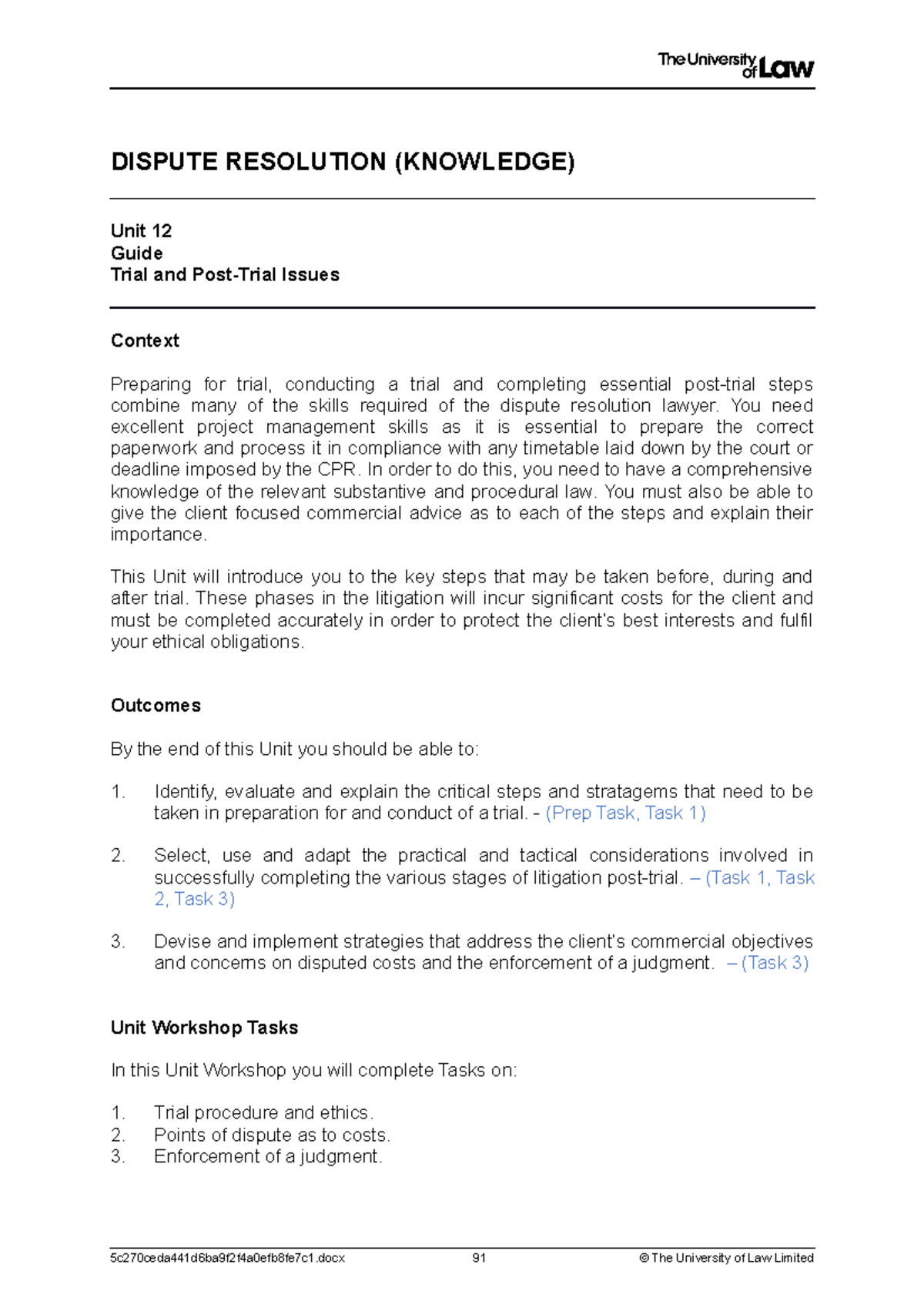 Unit 12 Workshop: Key Steps in Dispute Resolution and Trial Preparation ...