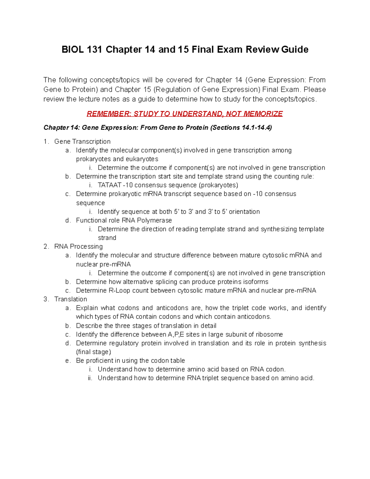 BIOL 131 Final Exam Review: Chapters 14 & 15 Gene Expression - Studocu