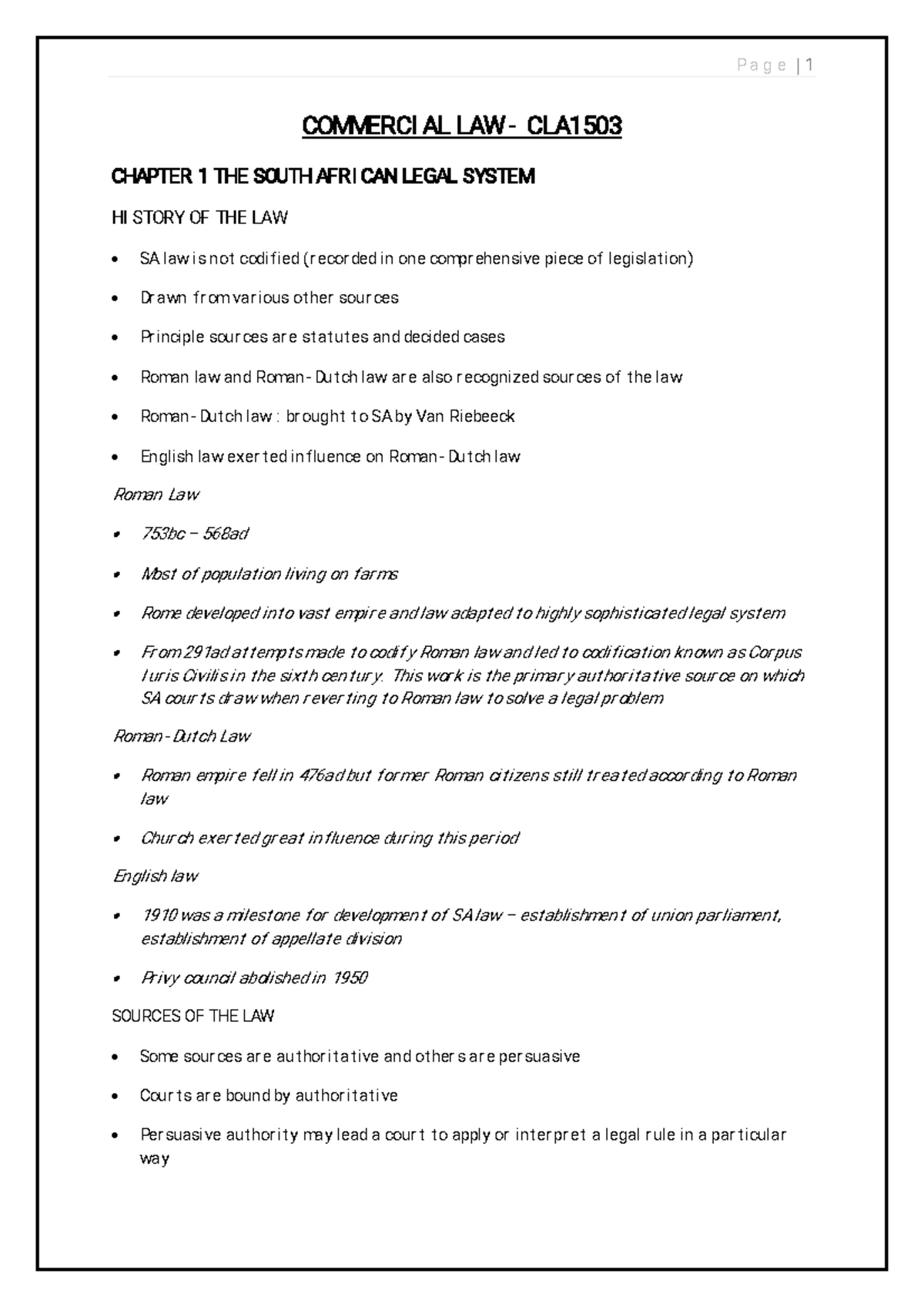 CLA1501 2017 Commercial Law Exam Lecture Notes - Studocu
