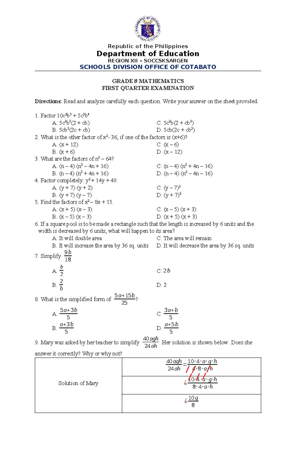 Grade 8 Math Q1 Exam - Republic of the Philippines - Studocu