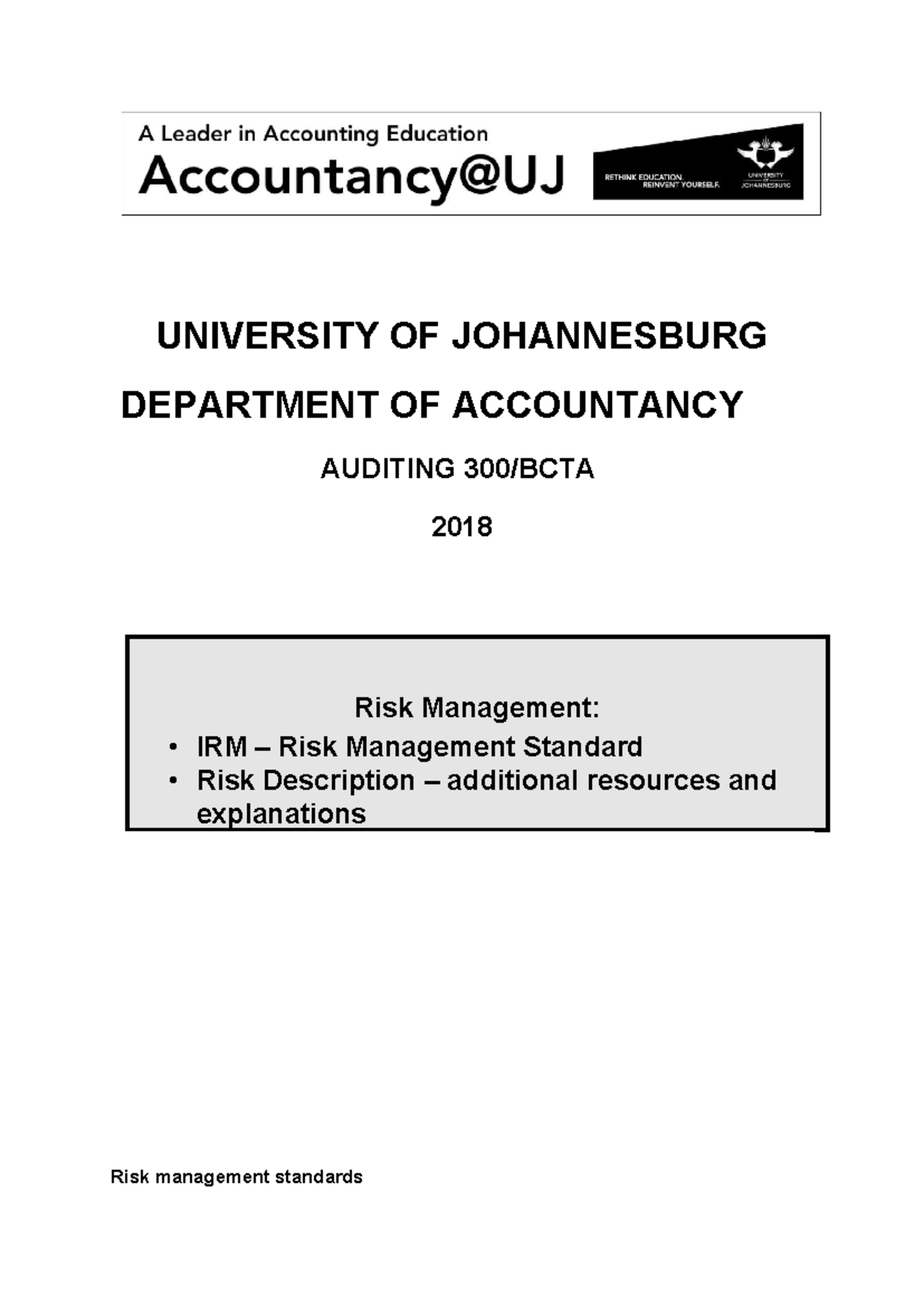 UJ ACC 2018 Risk Management Module: Standards & Practices Overview ...