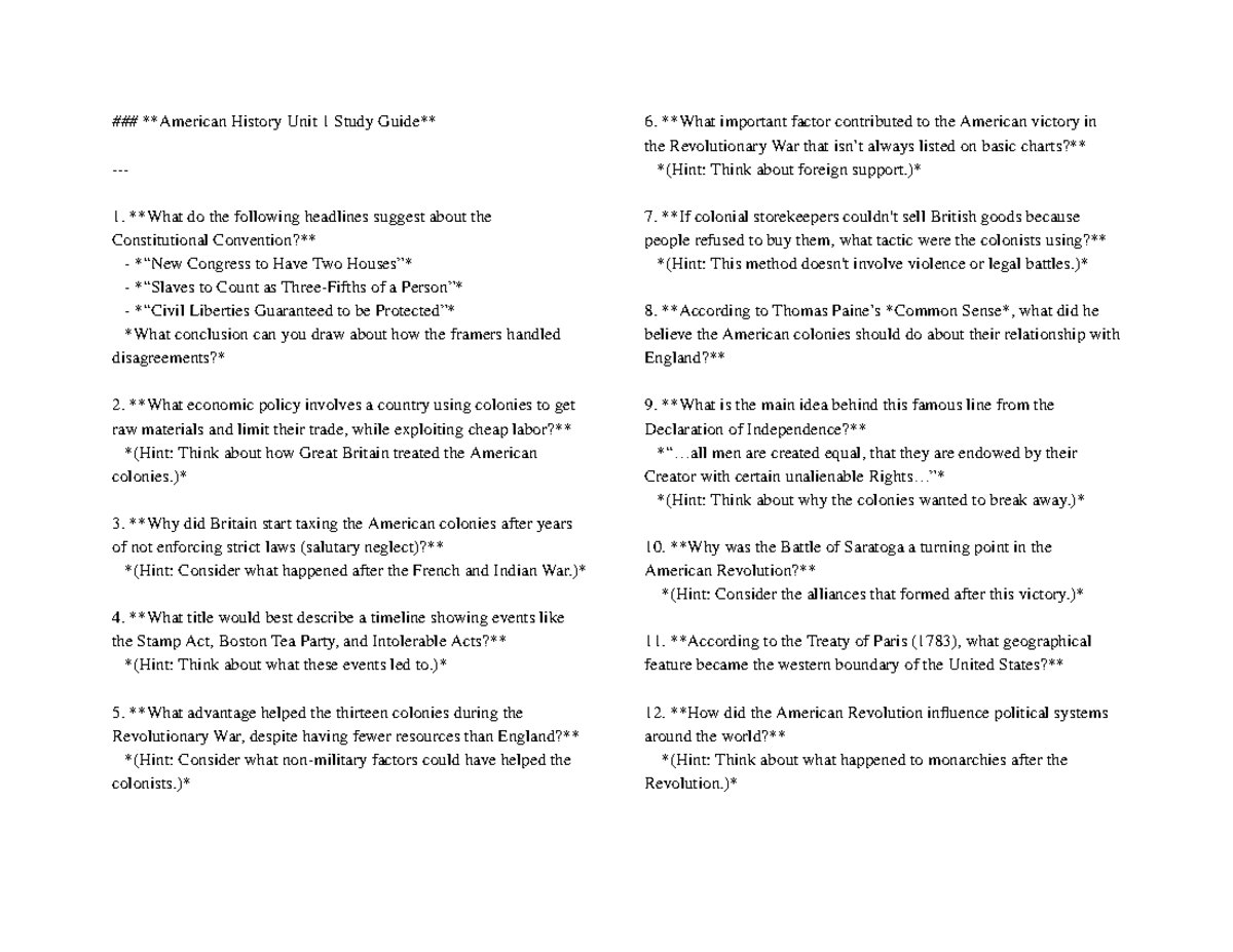 American+History+Unit+1+Study+Guide - American History Unit 1 Study ...