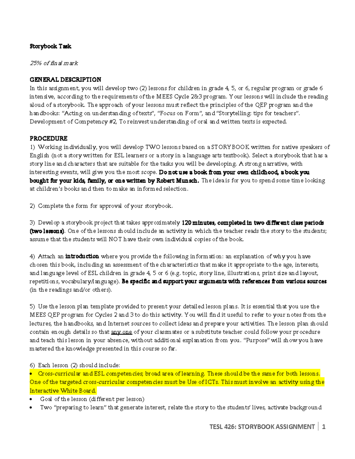 TESL 426: Storybook Assignment Guidelines for Final Mark - Studocu