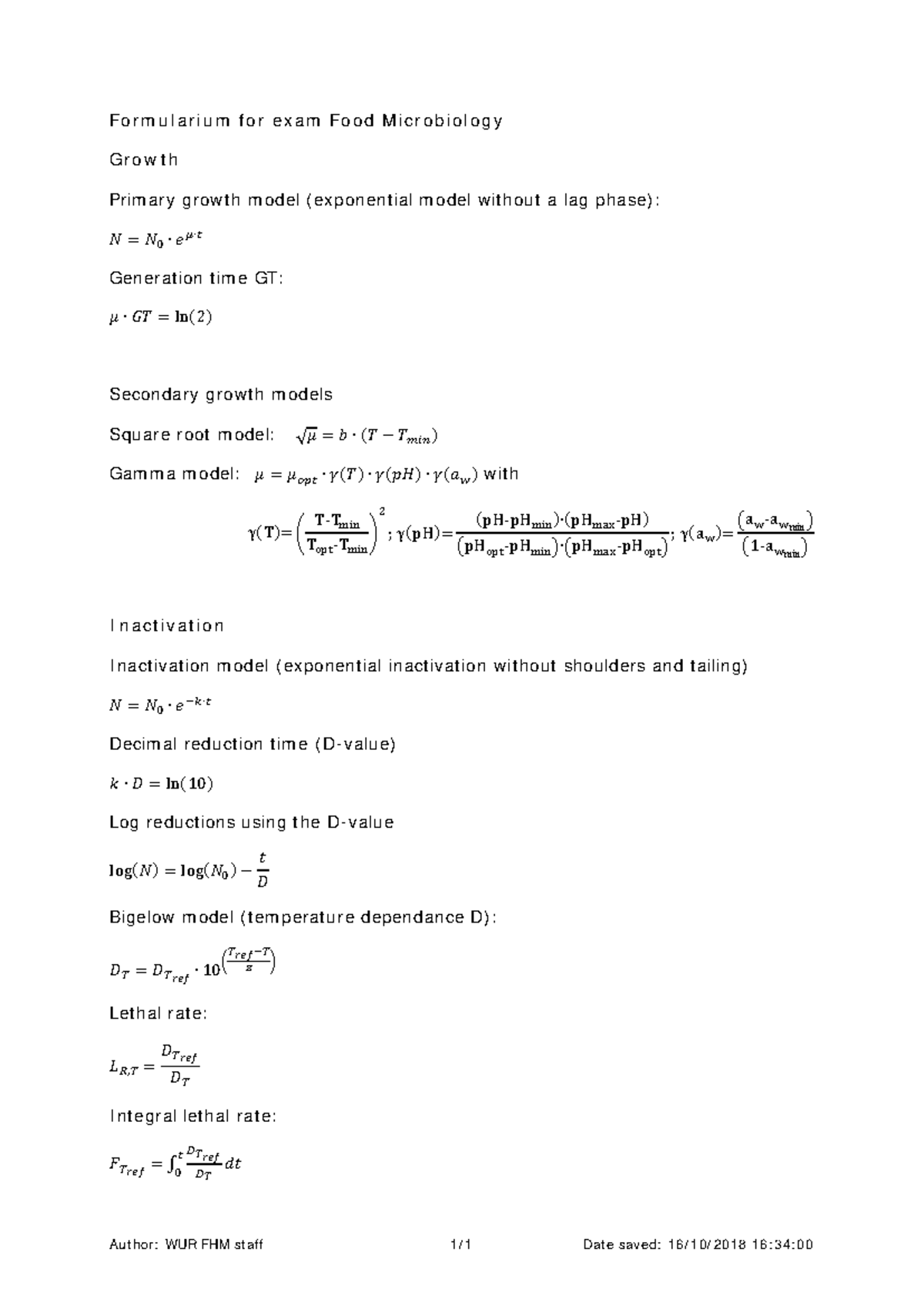 Formularium for Exam: Food Microbiology Growth Models - Studeersnel