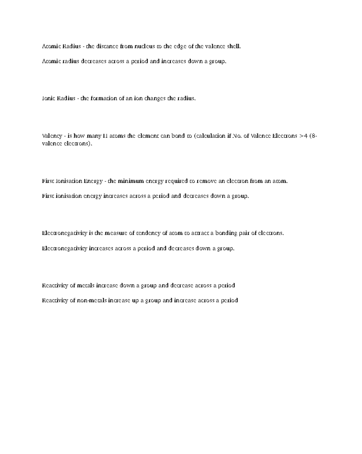 Periodic Table Trends Notes: Atomic & Ionic Radius, Valency, Ionization ...