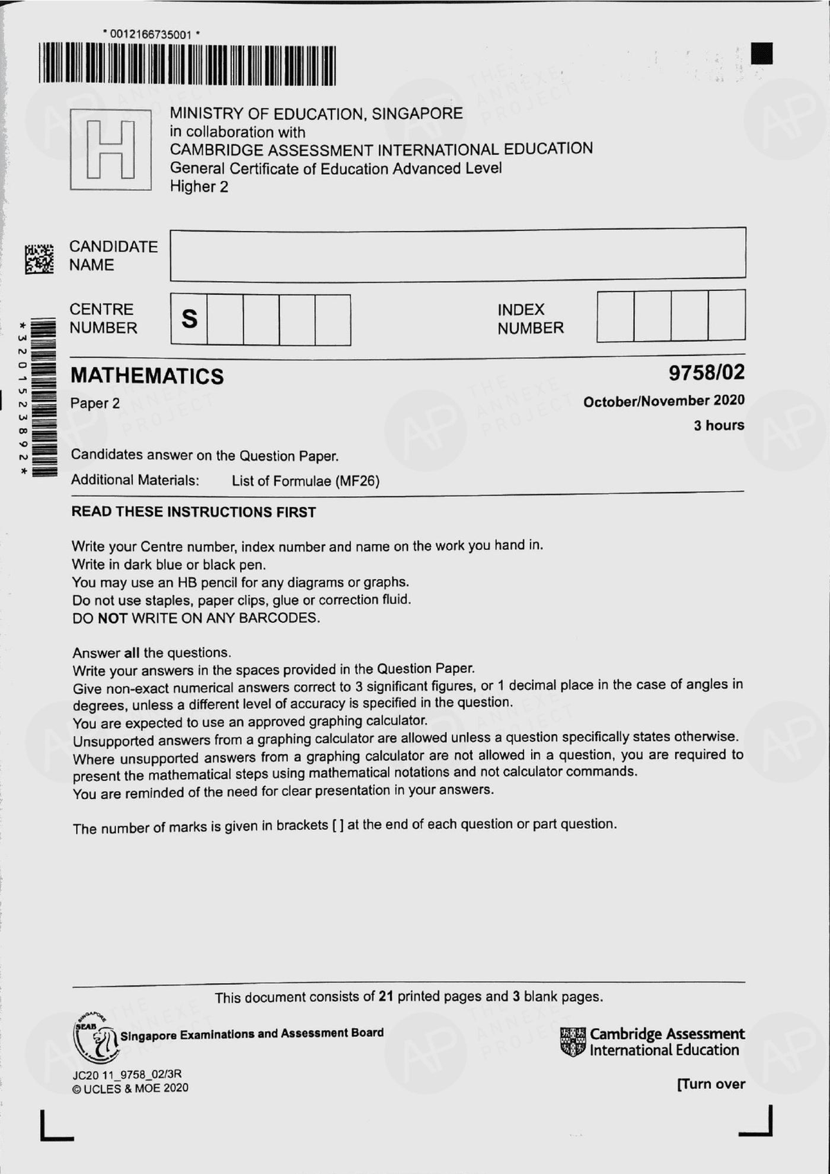 2020 A Level H2 Mathematics Paper 2 Exam Questions and Instructions ...