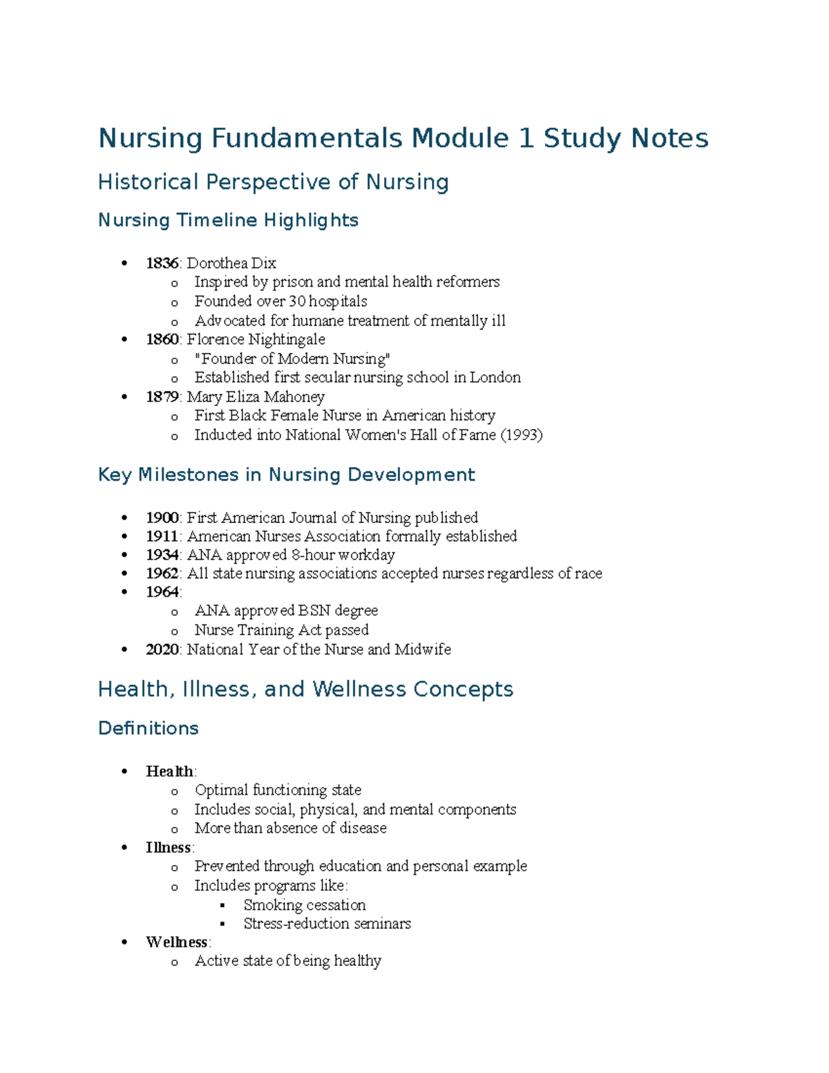 Nursing Fundamentals Module 1 Study Guide: Historical Perspectives ...