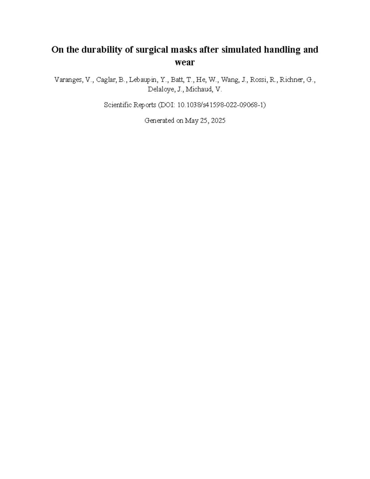 Durability Assessment of Type IIR Surgical Masks: Handling & Wear ...