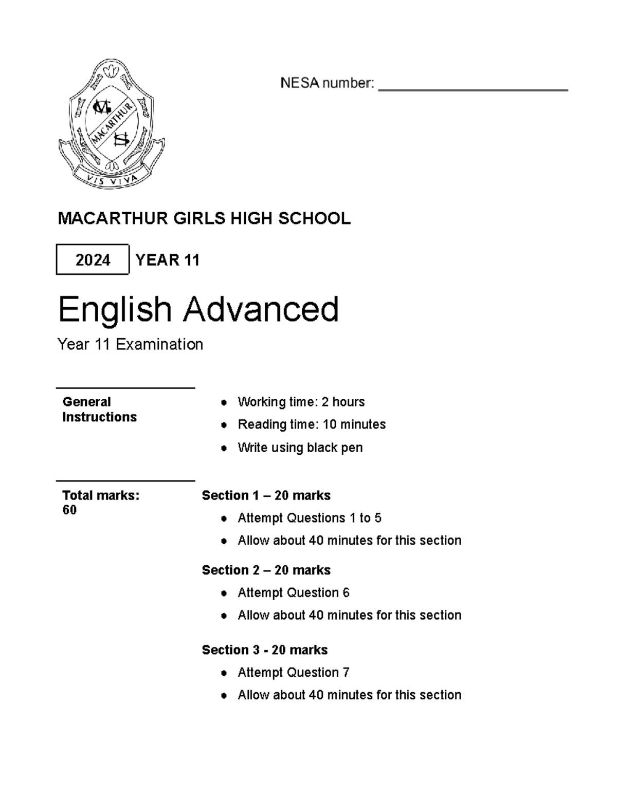 Final Year 11 English Adv 2024 - Exam Question Booklet - Studocu