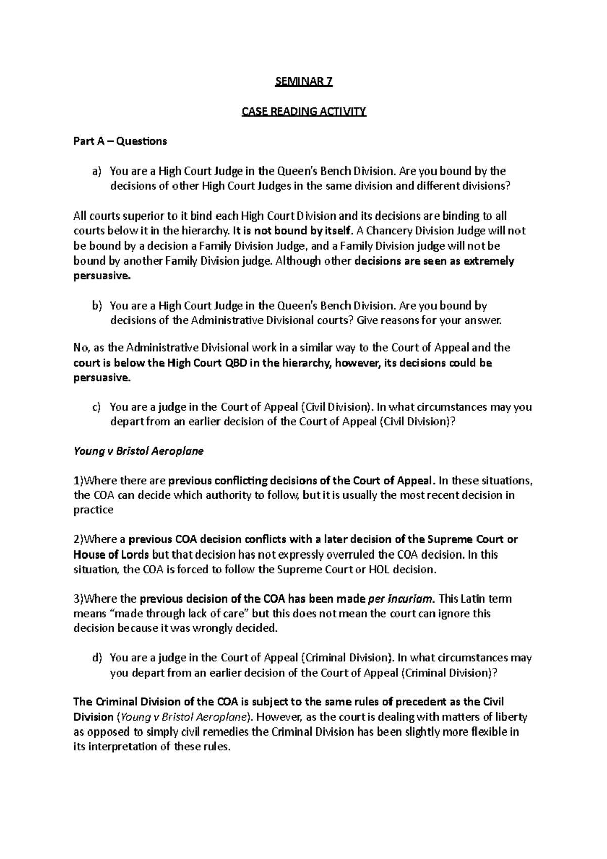 Seminar 7: Case Reading Activity on Judicial Precedent and R v Bassett ...