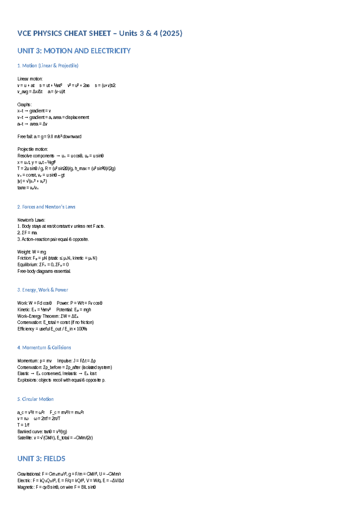VCE PHYSICS CHEAT SHEET Units 3 & 4 (2025) - Motion & Electricity - Studocu