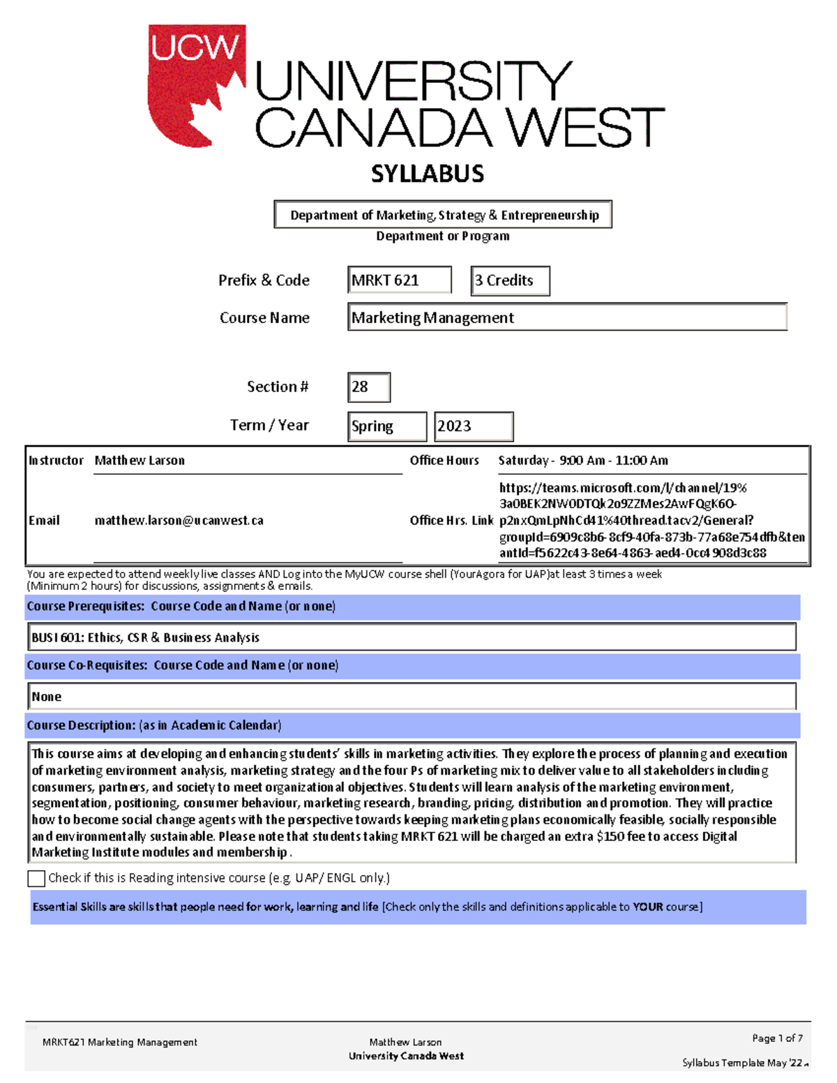 MRKT621 Marketing Management Syllabus - Spring 2023 Overview - Studocu