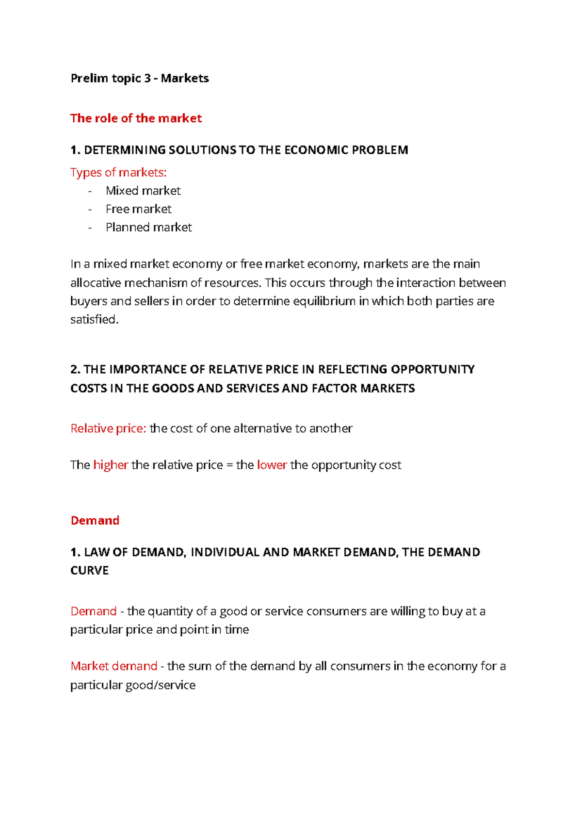 ECO Topic 3 - Markets Prelim Notes: Understanding Demand & Supply - Studocu
