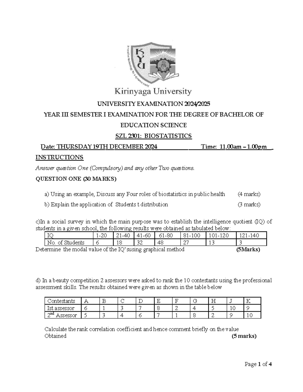 SZL 2301: Biostatistics Final Exam Questions and Solutions - Studocu