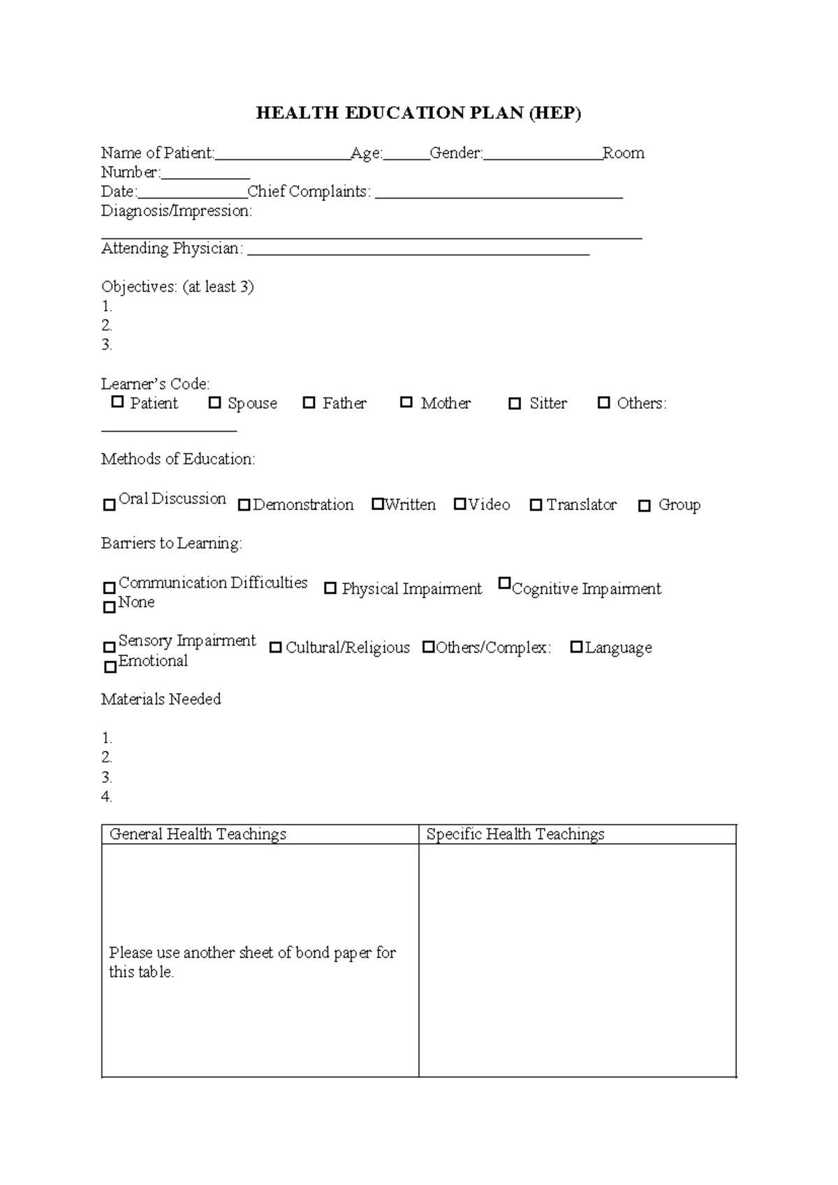 Health- Education-PLAN - HEALTH EDUCATION PLAN (HEP) Name of Patient ...