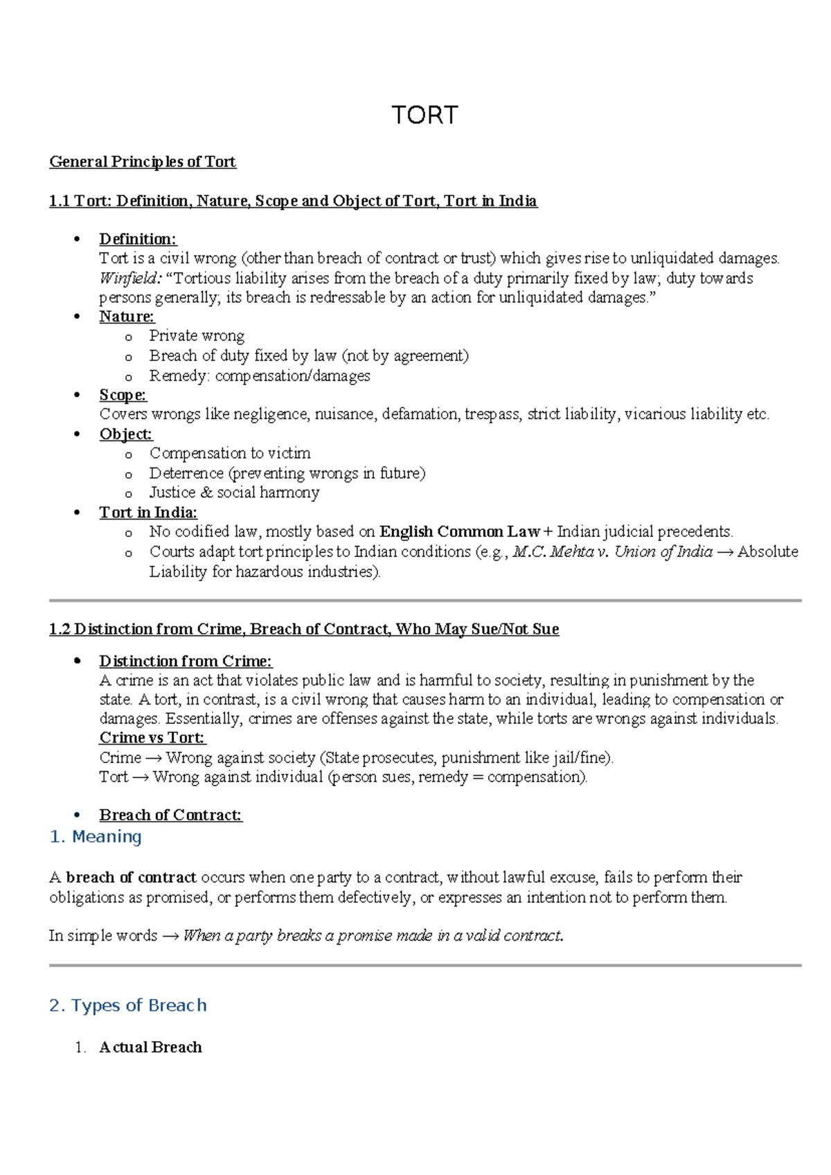 TORT General Principles: Definition, Nature, and Scope of Tort - Studocu