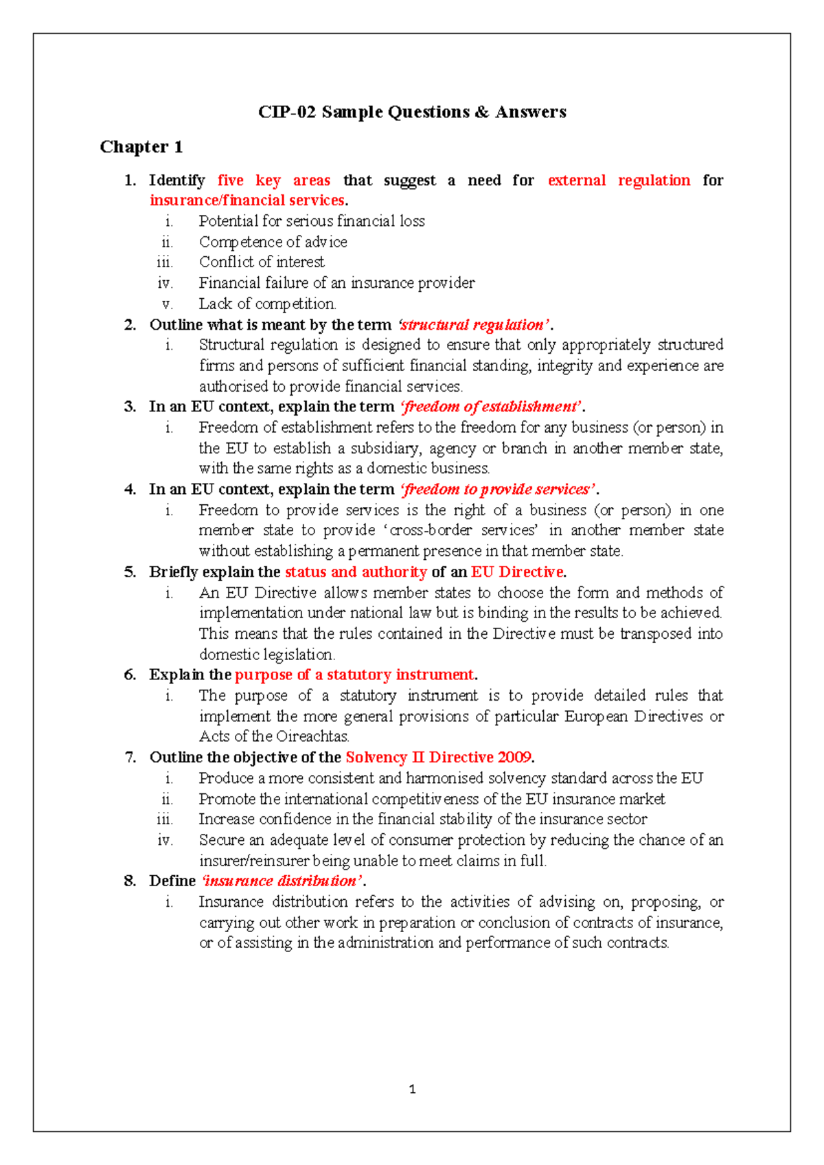 CIP-02 - Sample Q&A for Chapter 1-8: Key Concepts in Insurance ...
