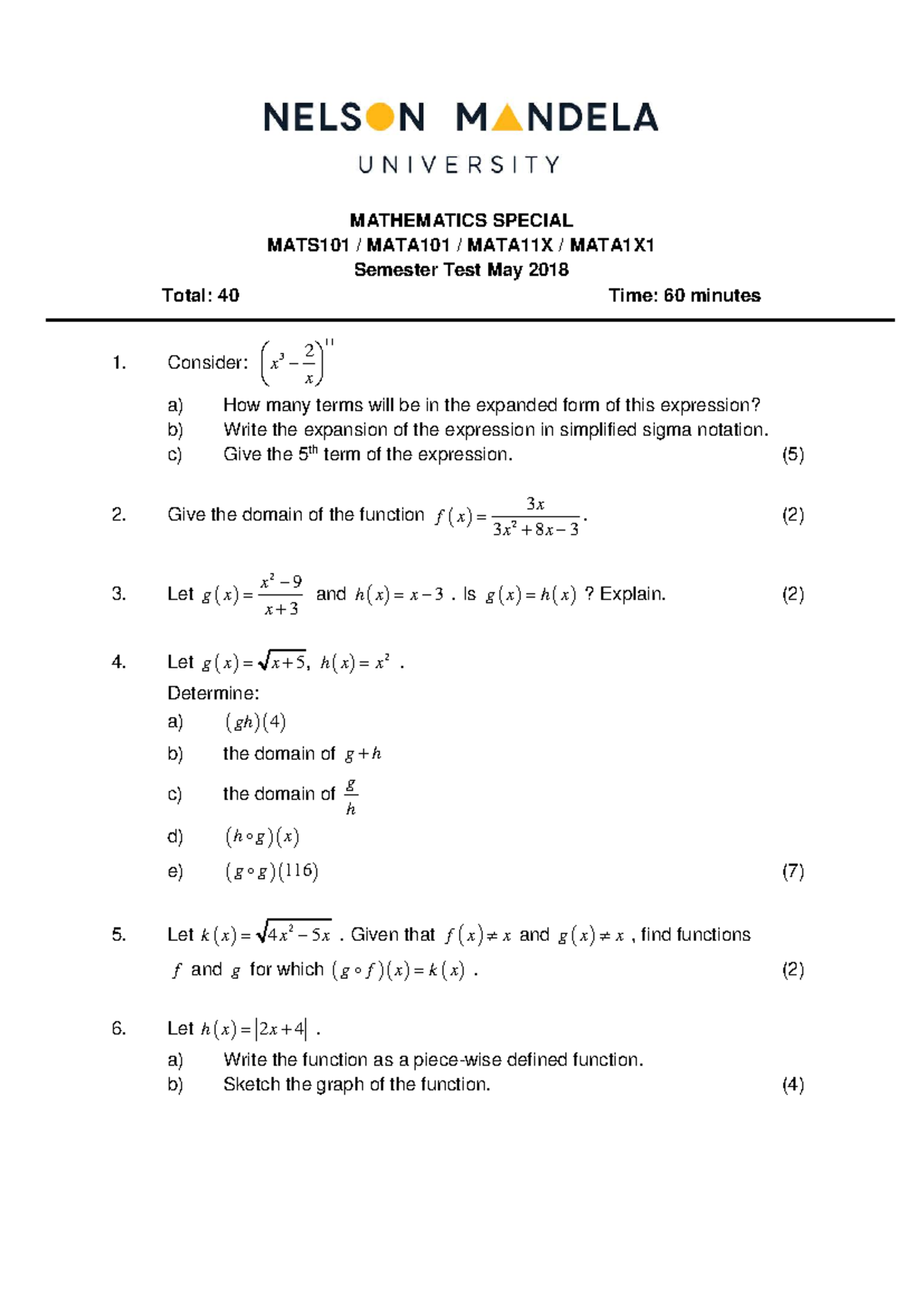 Mathematics Special Semester Test MATS101 May 2018 - Studocu