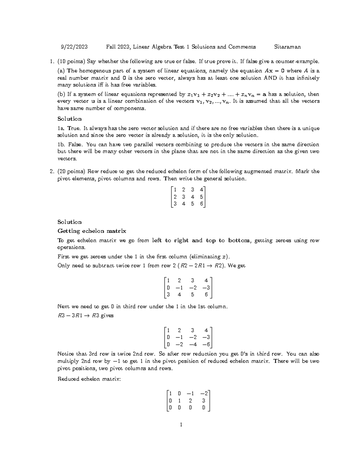 Linear Algebra F23 Test 1 Solutions & Commentary - Studocu