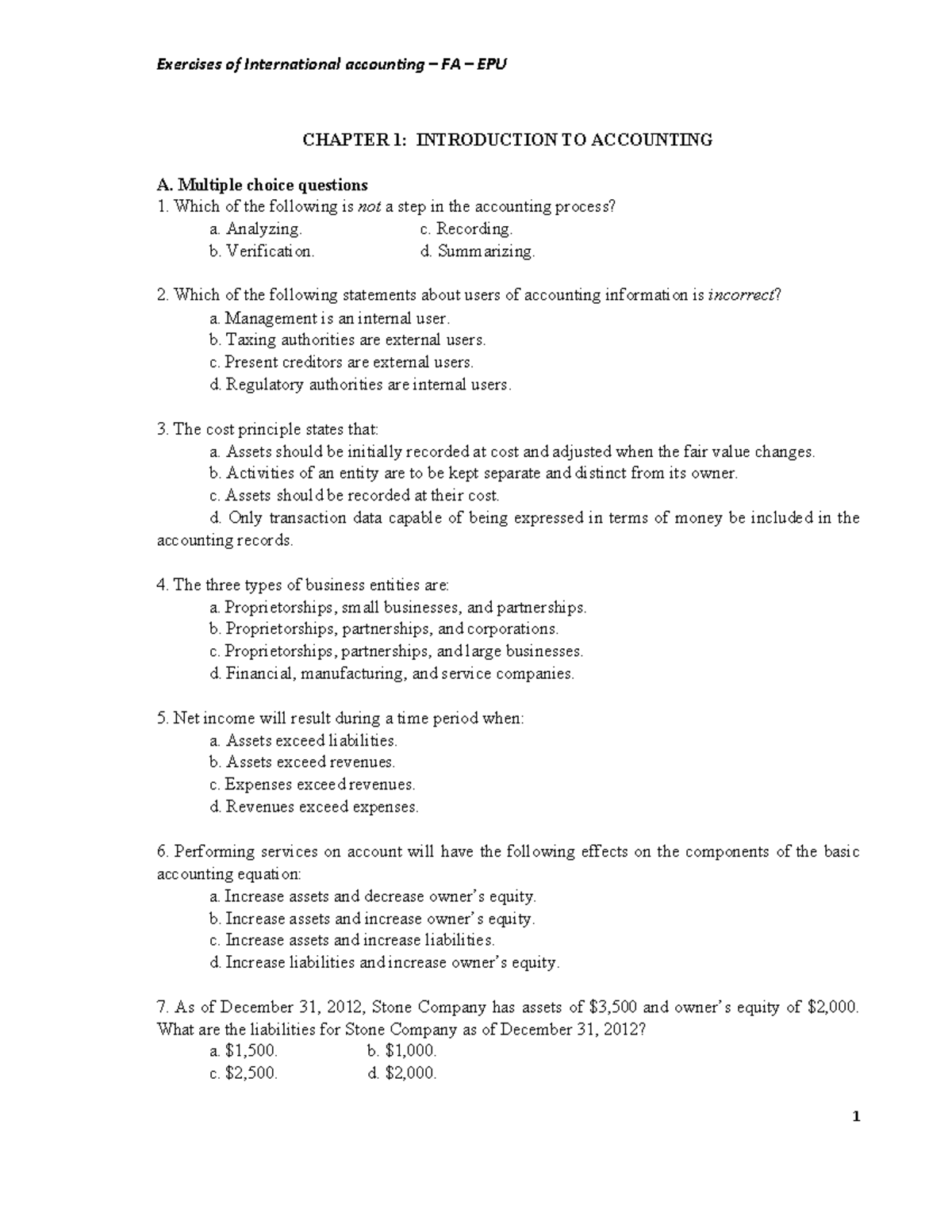 Exercises of International Accounting FA EPU: Chapter 1 Introduction ...