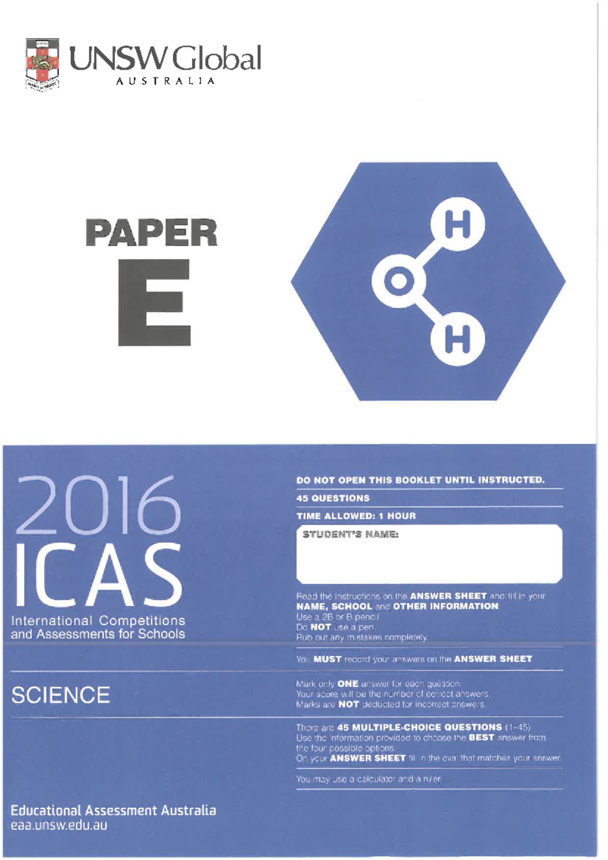 2016 ICAS Science Paper E EAA - Instructions and Questions - Studocu