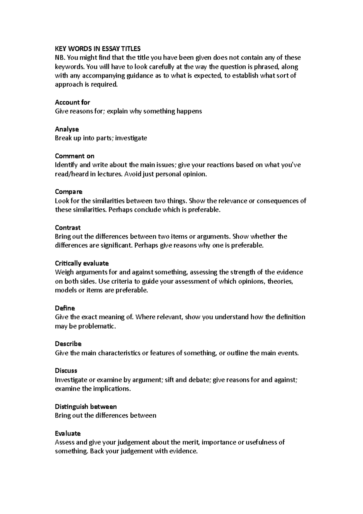 Key Words for Essay Titles: Understanding Common Phrases - Studocu