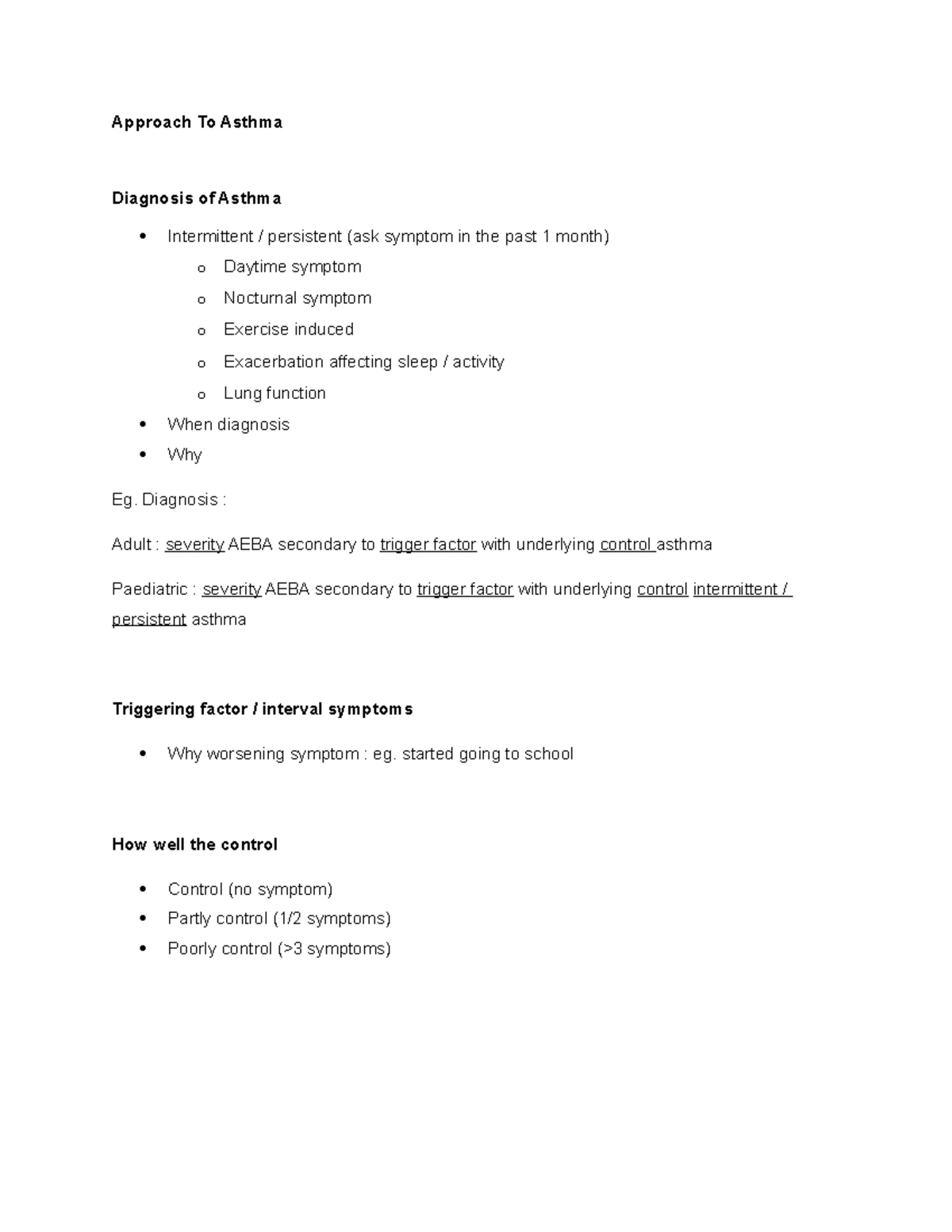 Approach to Asthma - Sem1 Class A Overview and Management Guide - Studocu