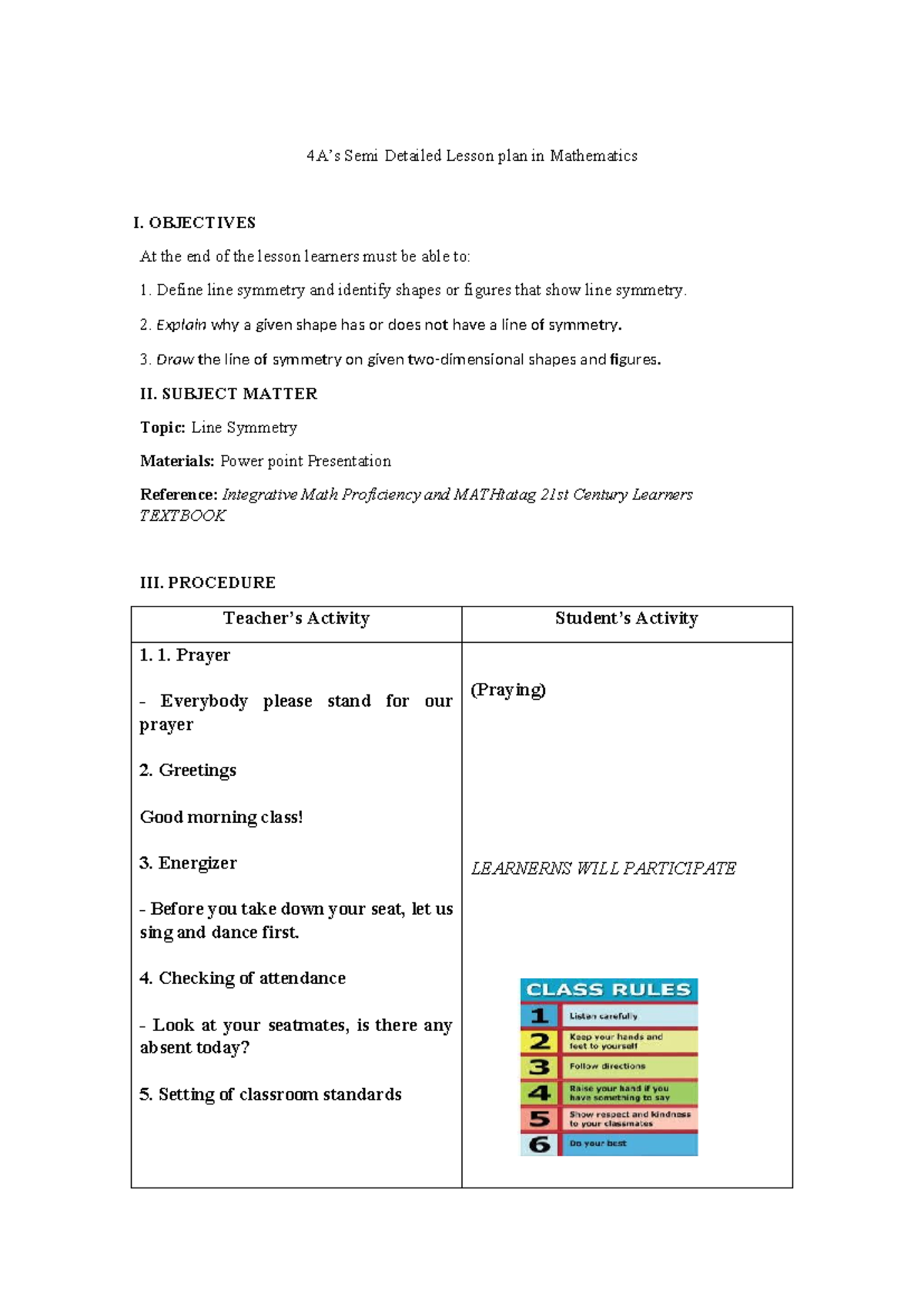 Semi-Detailed Lesson Plan: Line Symmetry in Math I - Studocu