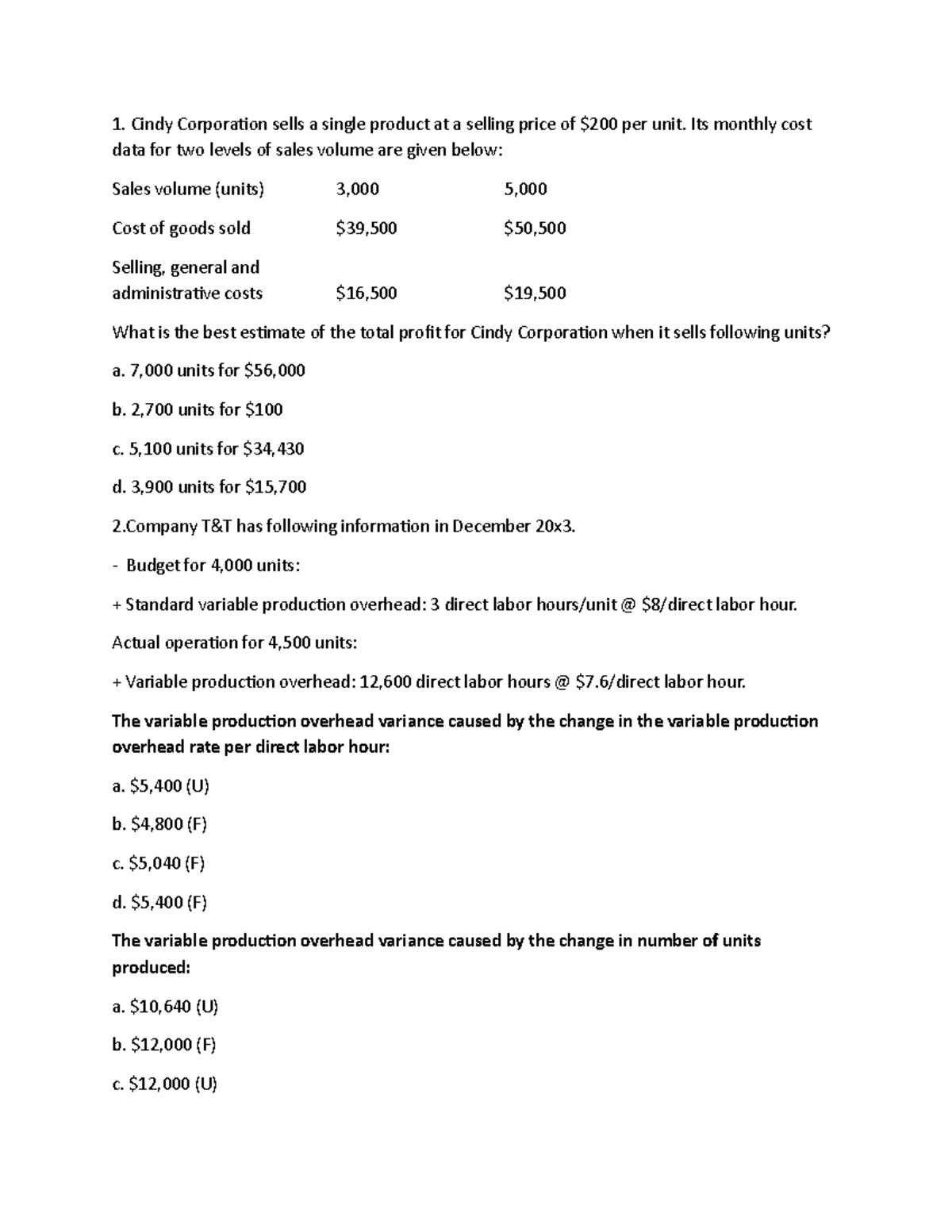 Testbank: Final Exam for Cost Accounting (Course Code: 1) - Studocu