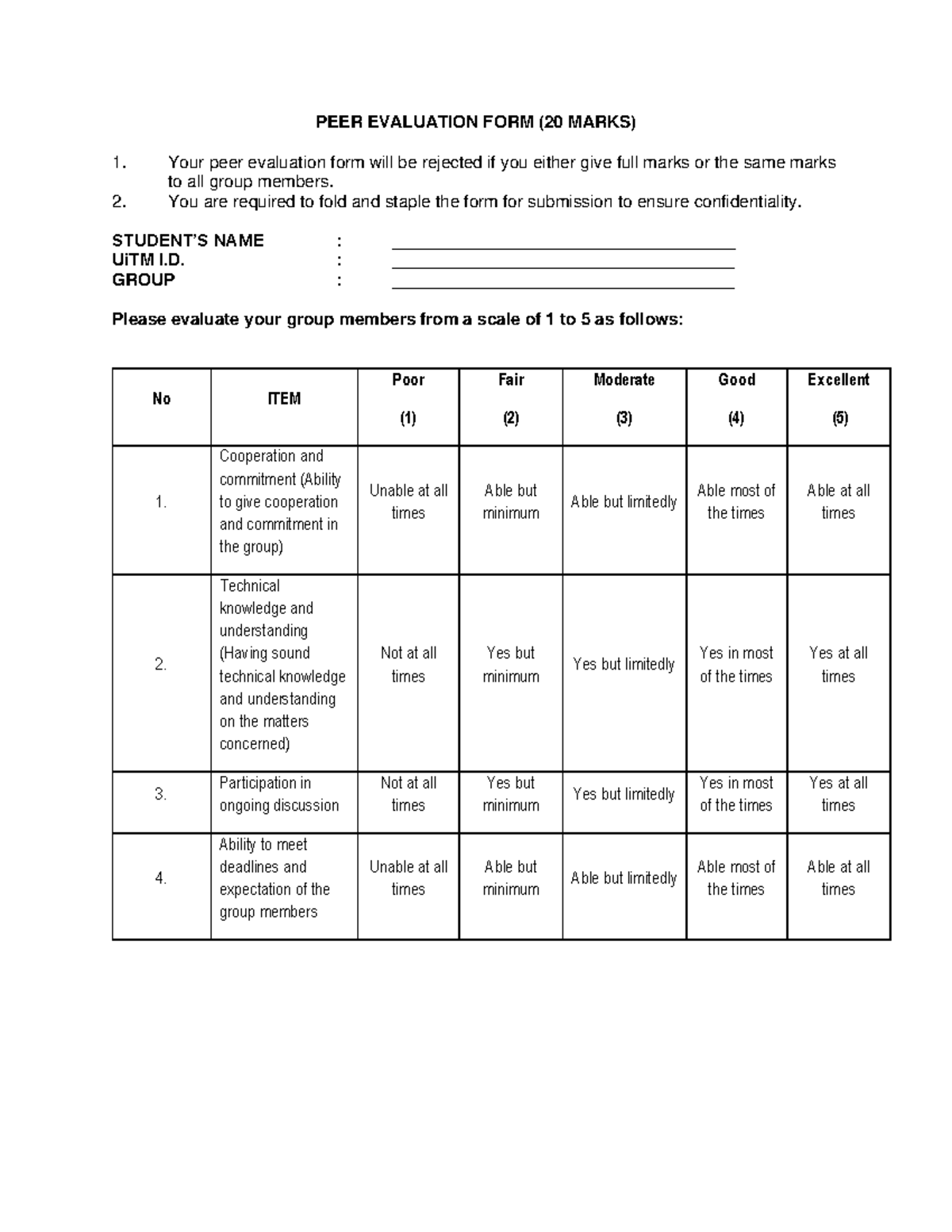 PEER EVALUATION FORM (20 MARKS) - Appendix B - Studocu